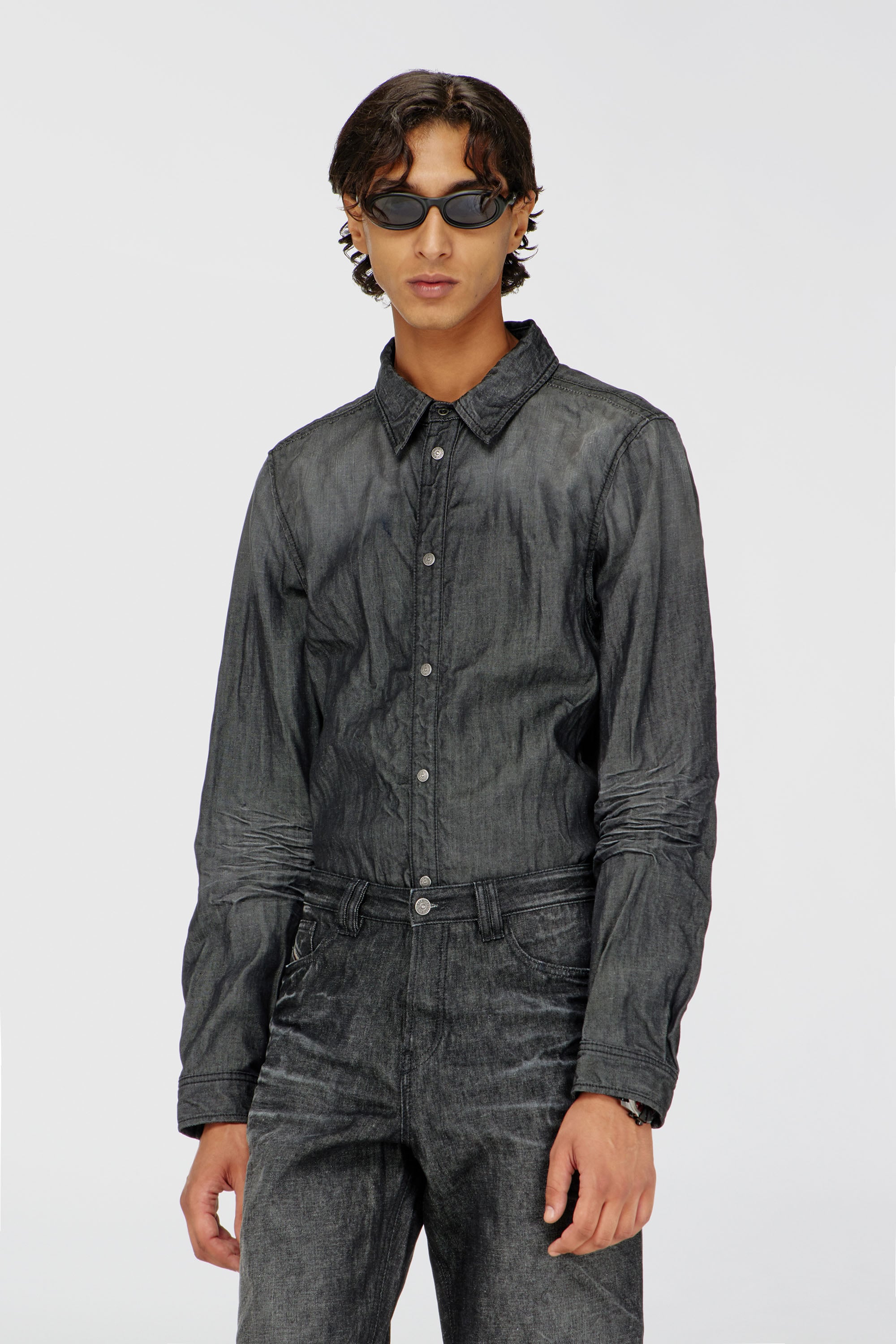 Diesel - D-SYNAR-FSJ2, Man's Shirt in creased denim in Dark grey - 1