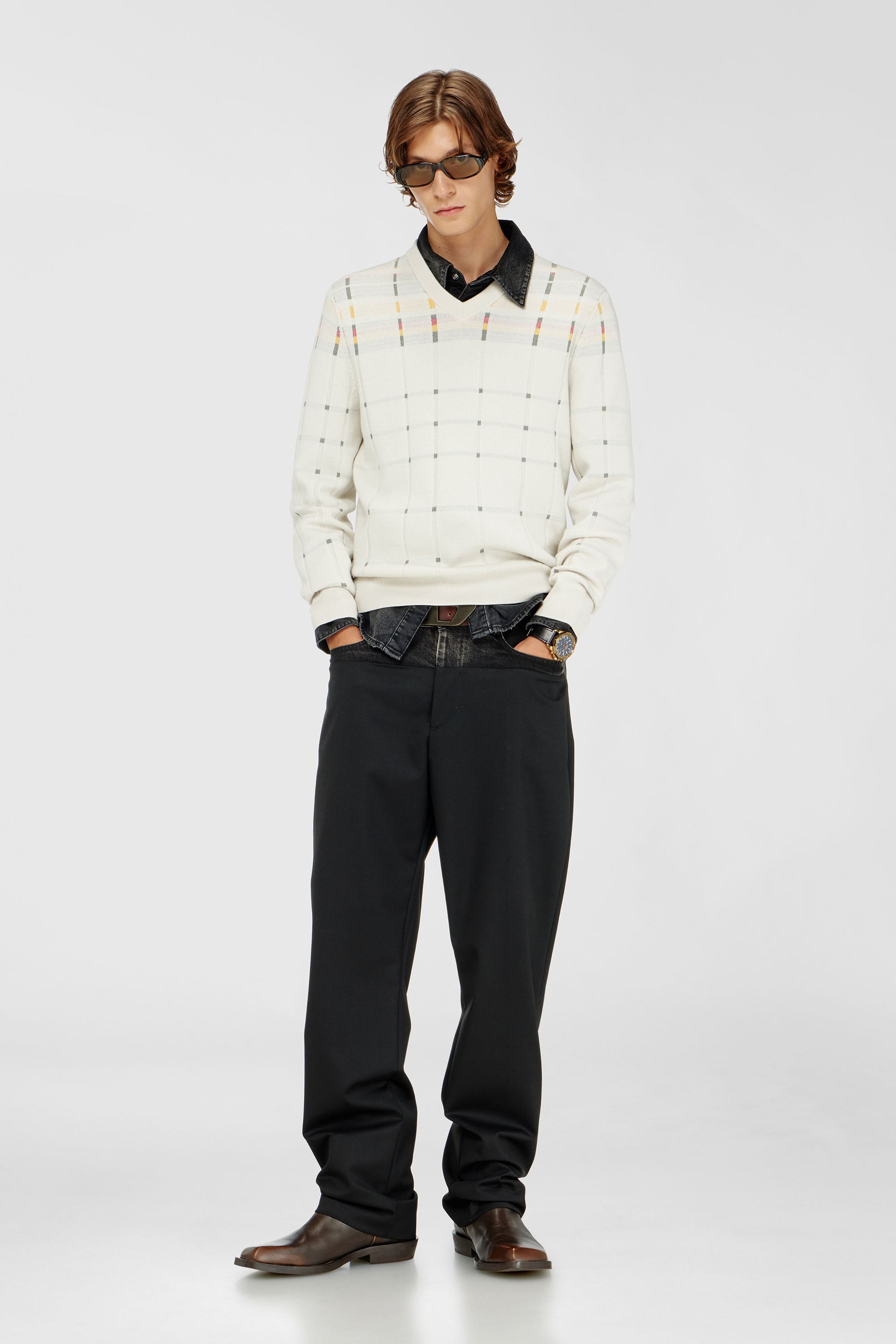 Pants with denim and tailored sections