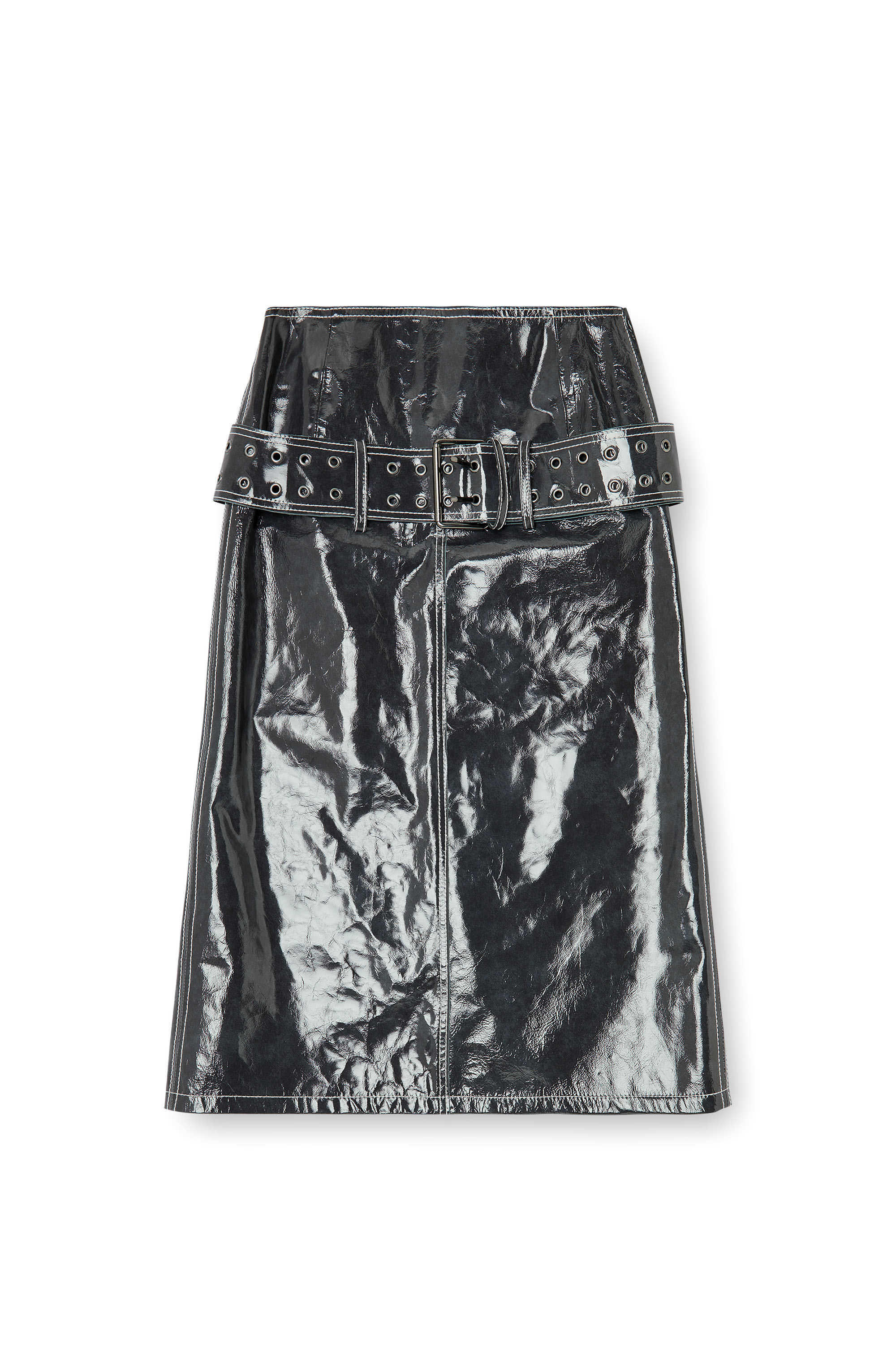 Diesel - L-ASCAR, Woman's Patent-leather midi skirt with belt in Dark grey - 3