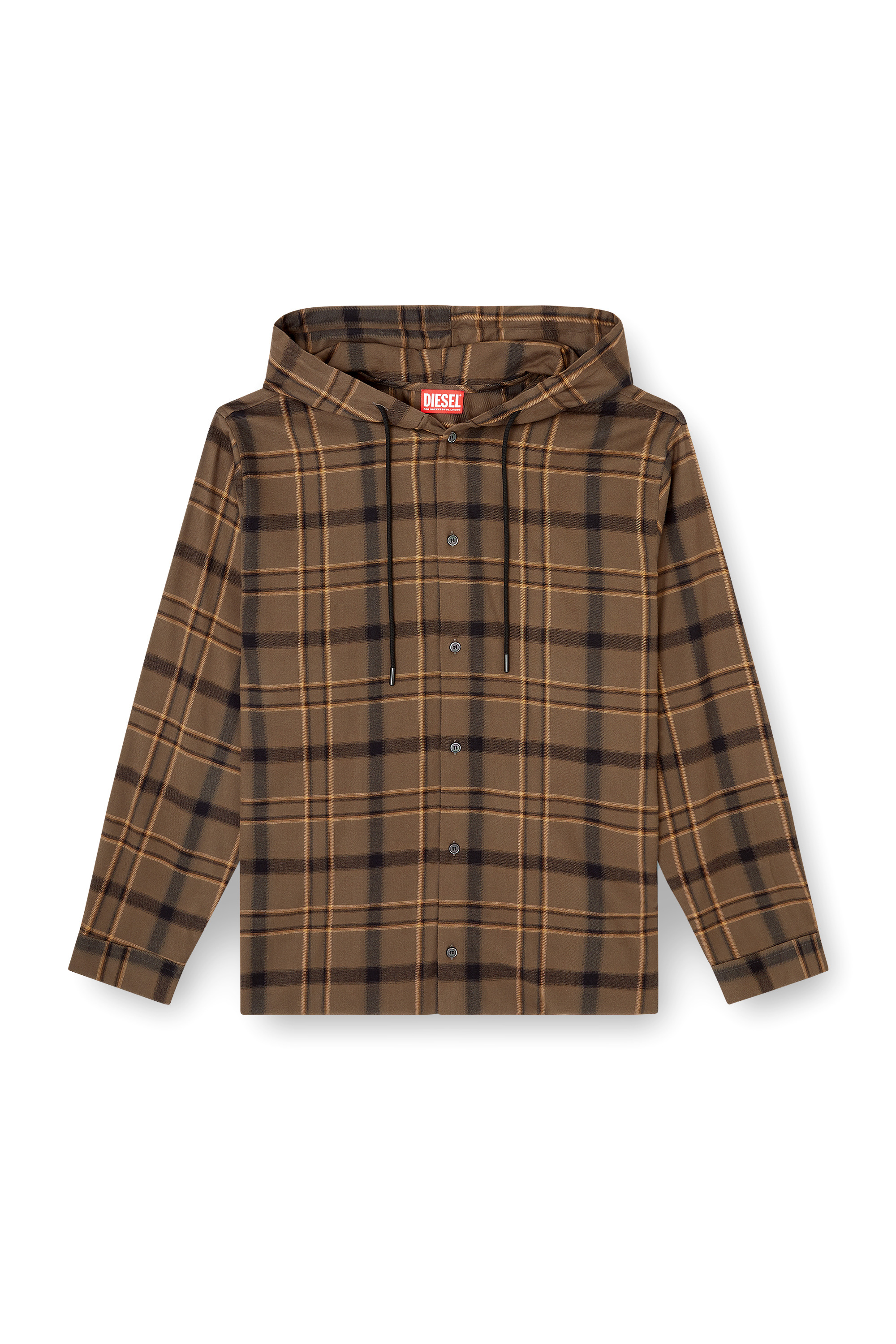 Diesel - S-IX, Man's Hooded shirt in check flannel with logo in Beige/Brown - 2