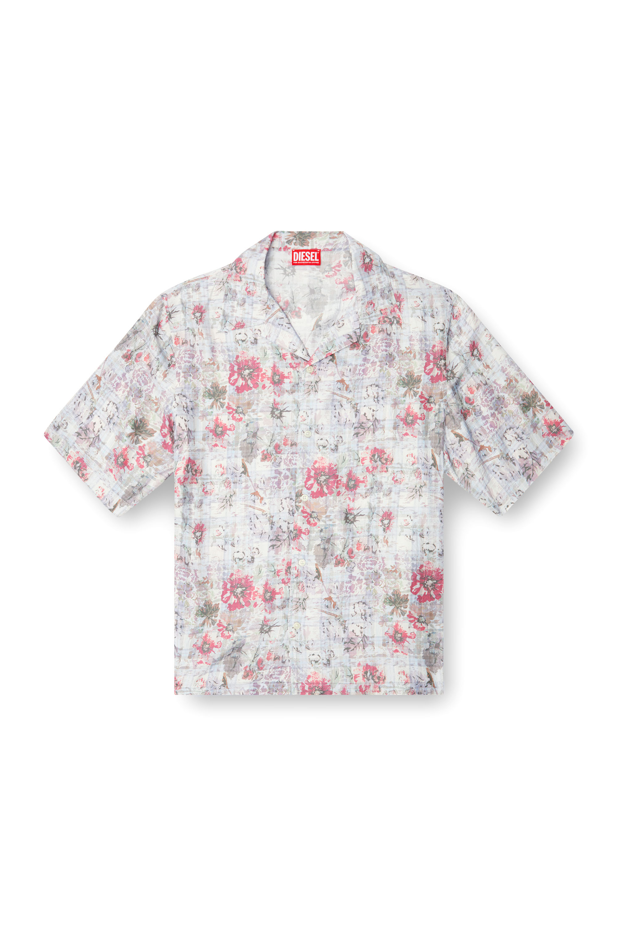 Diesel - S-LEYS, Man's Bowling shirt with floral print in Blue/Pink - 3