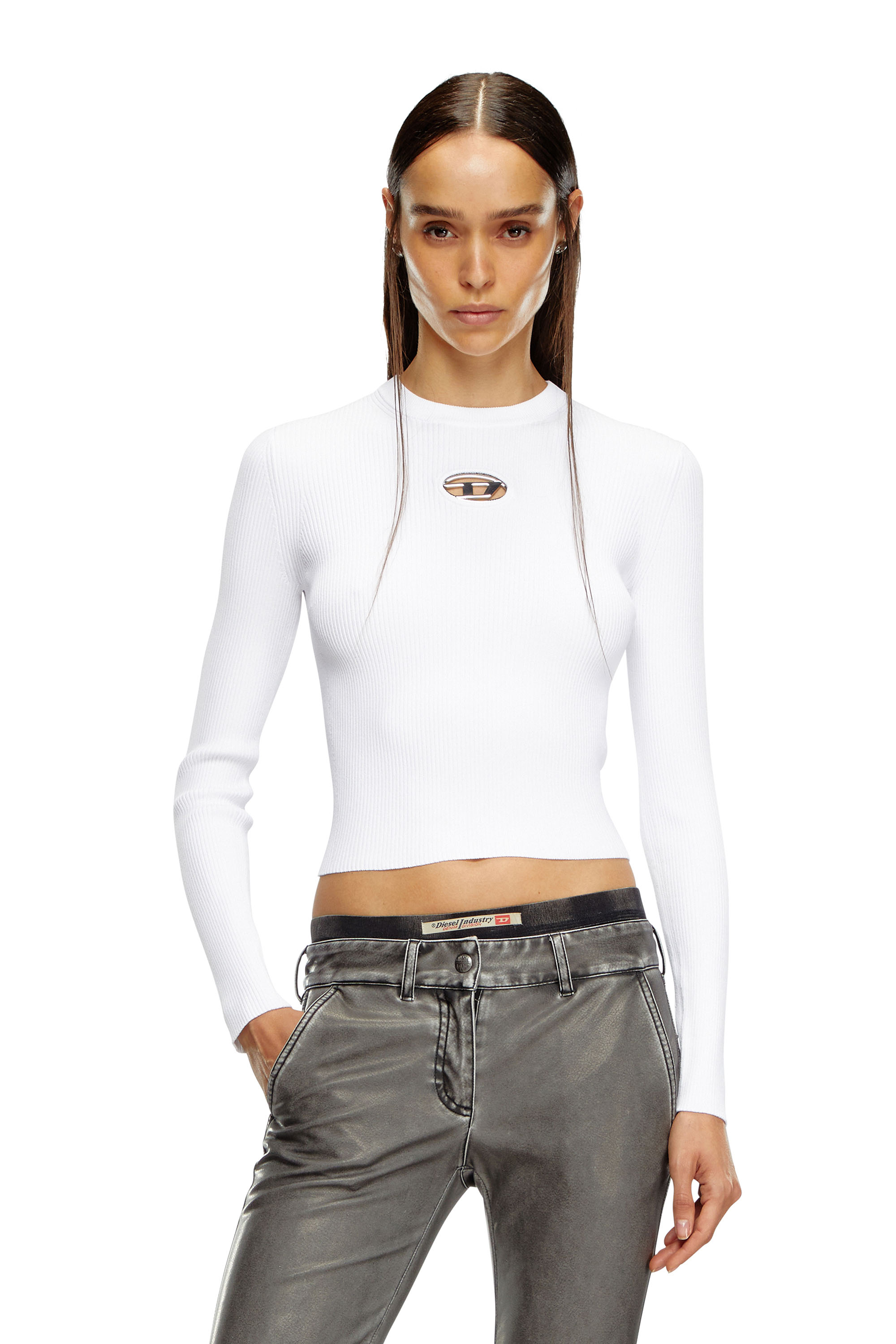 Diesel - M-VALARI, Woman's Rib-knit viscose-blend top with Oval D in White - 1