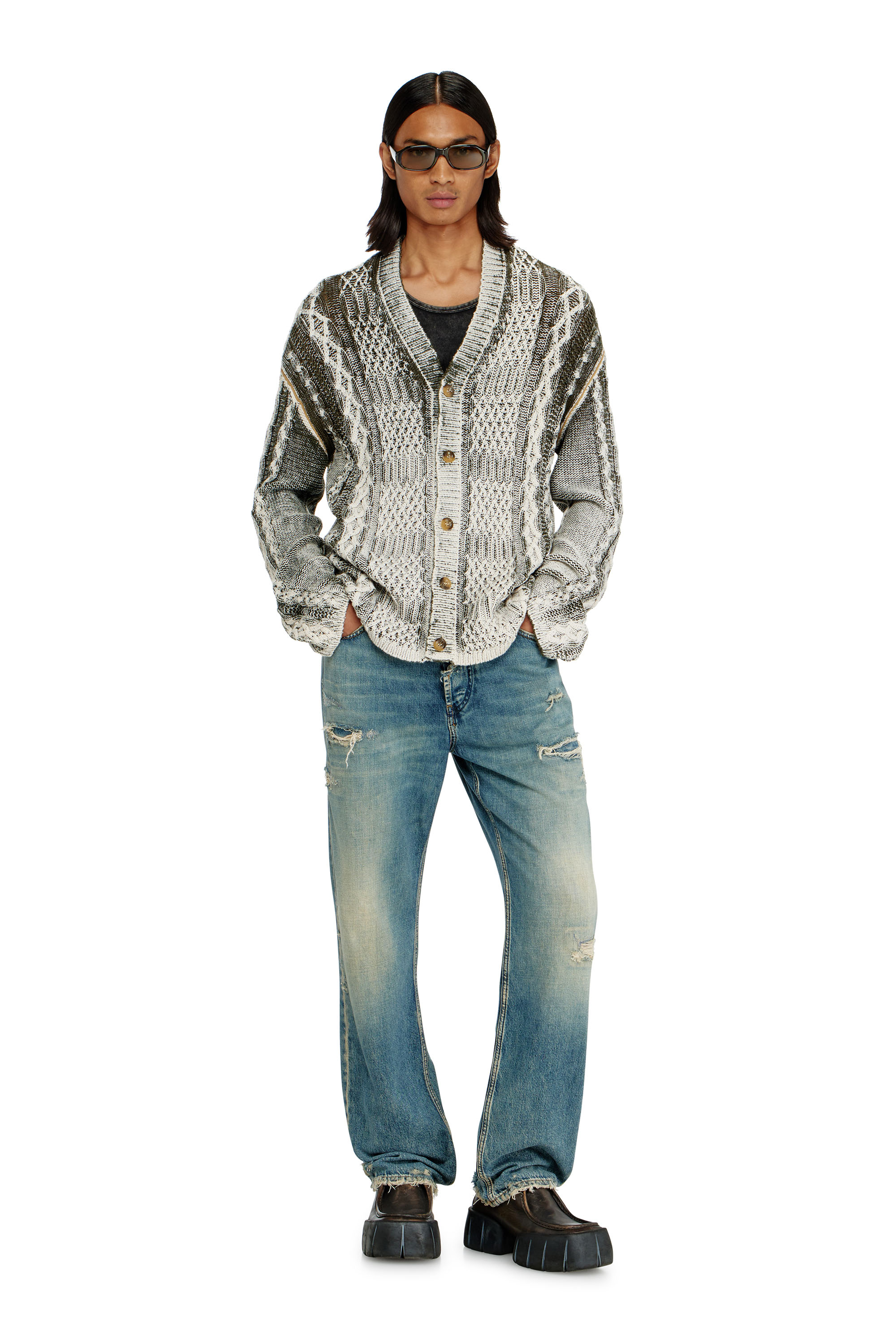 Diesel - K-MIOTO, Man's Treated cable-knit cardigan in White/Grey - 1