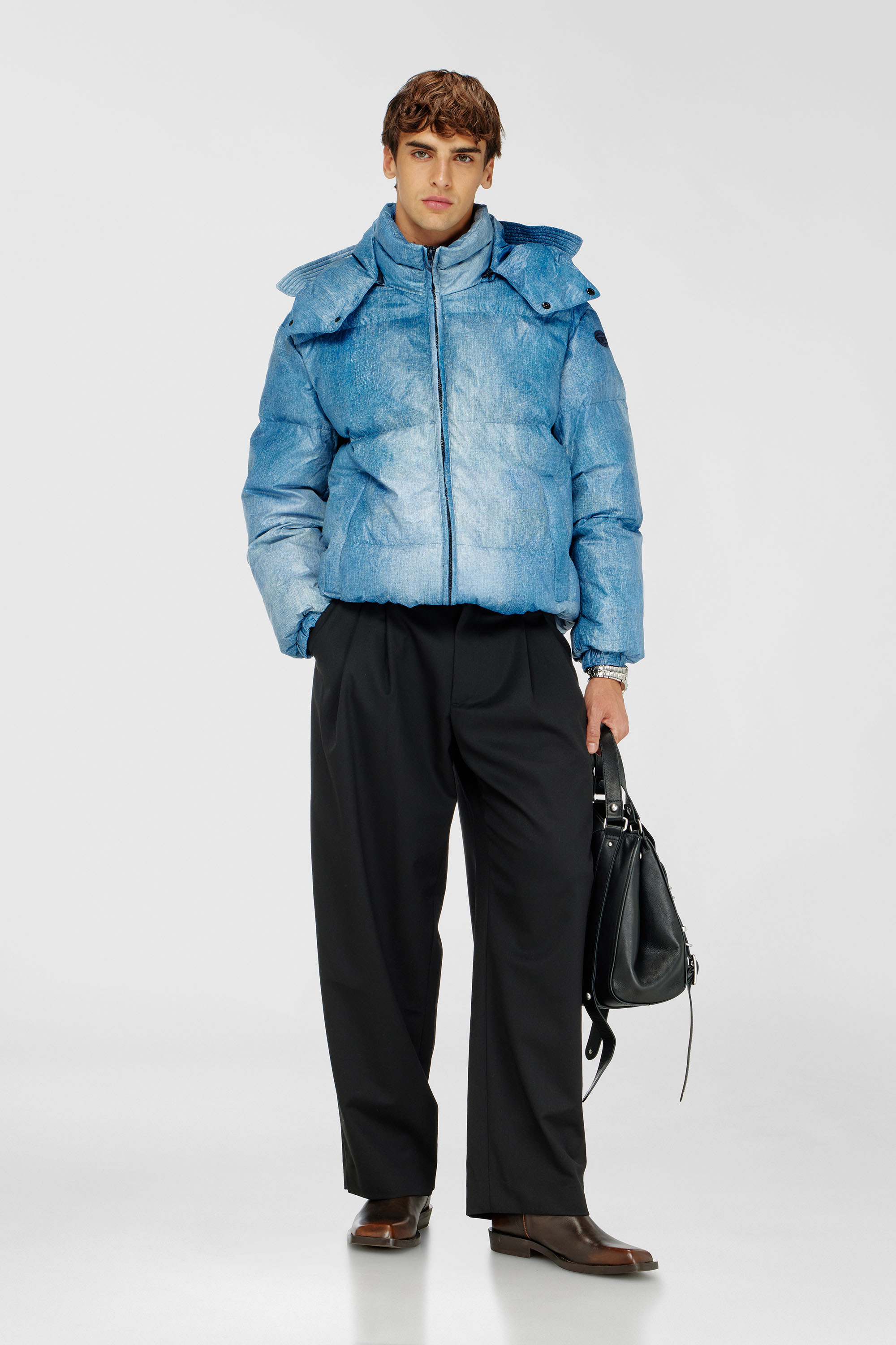 Diesel - W-ROLLY-WRD-BFBN, Man's Hooded down jacket with denim-effect print in Blue - 1
