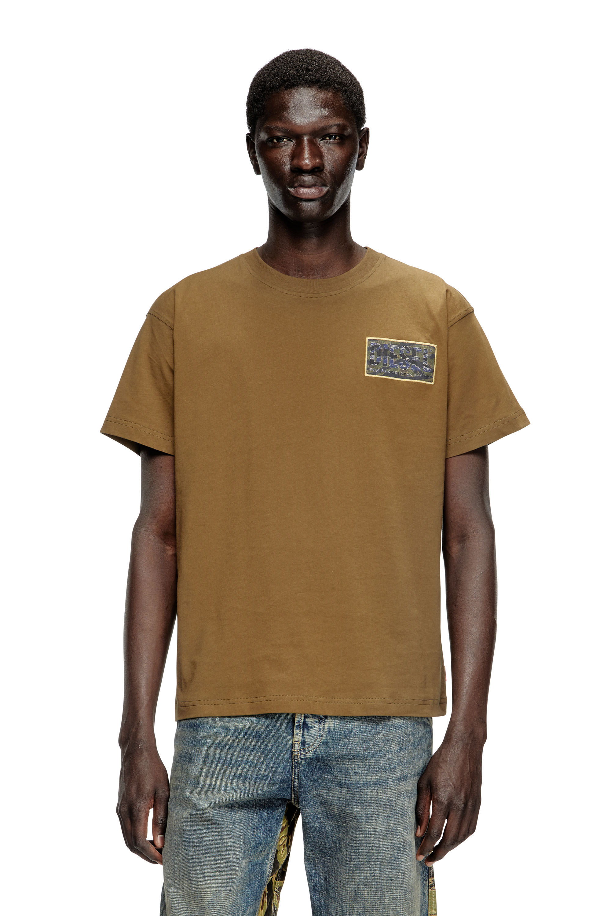 Diesel - T-NORM-T3, Man's T-shirt with camo logo patch in Military Green - 1