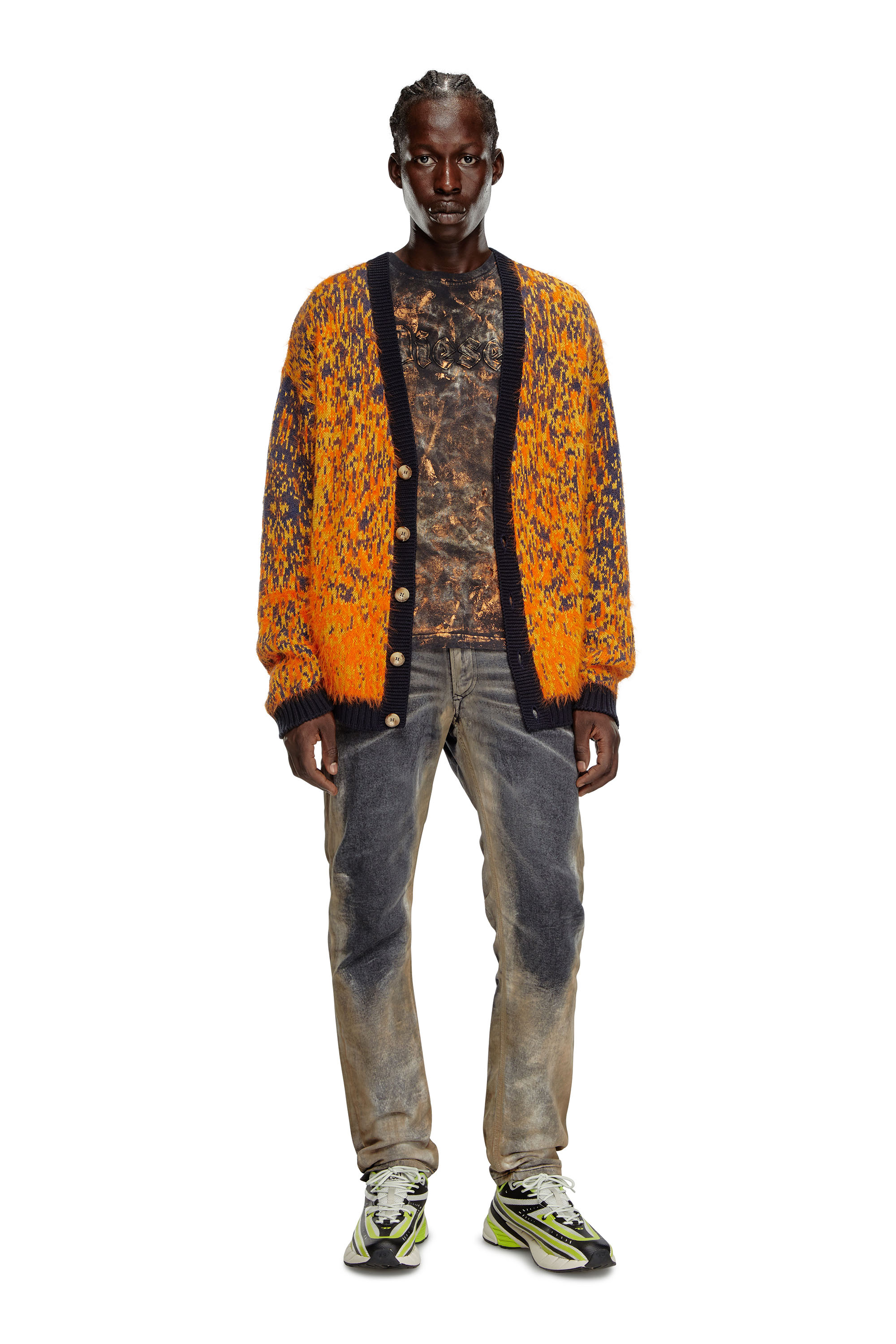 Diesel - K-RANGER, Man Fuzzy cardigan with abstract pattern in Orange - Image 2