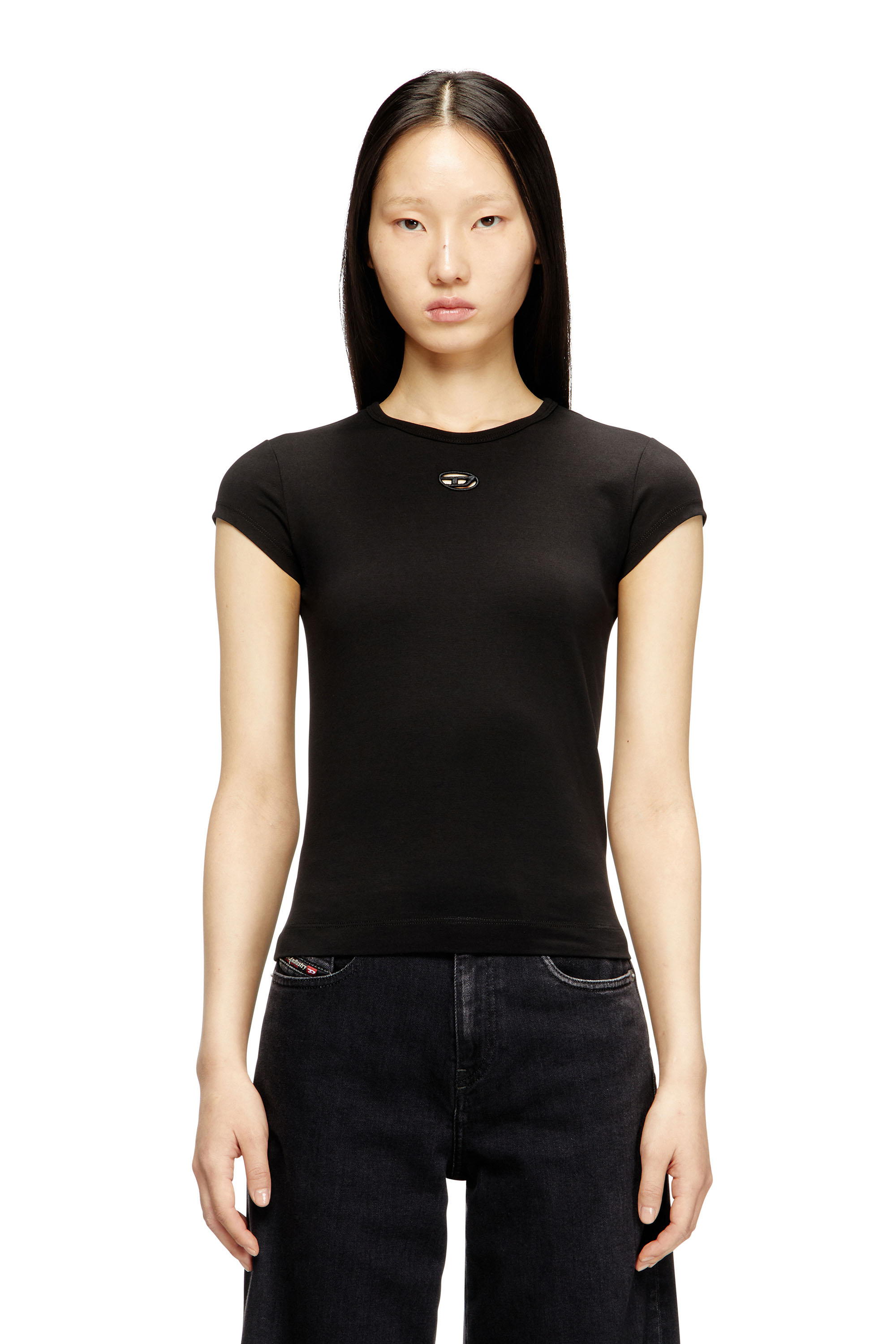 Diesel - T-ANGIE-OD, Woman's T-shirt with cut-out embroidered logo in Black - 1