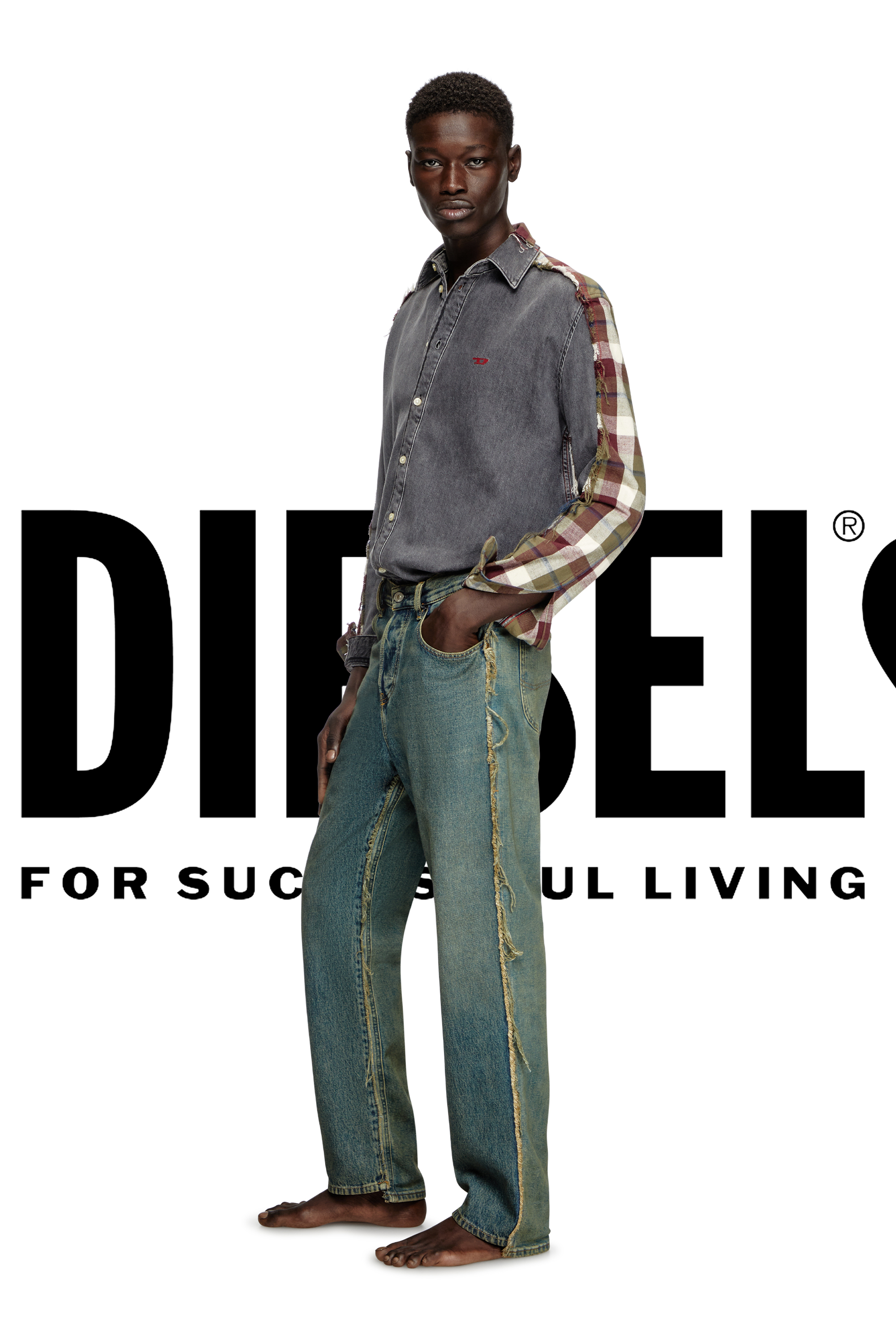 Diesel - Shirt Dieseloves 7A, Unisex's Denim and check shirt in Grey/Red - 3