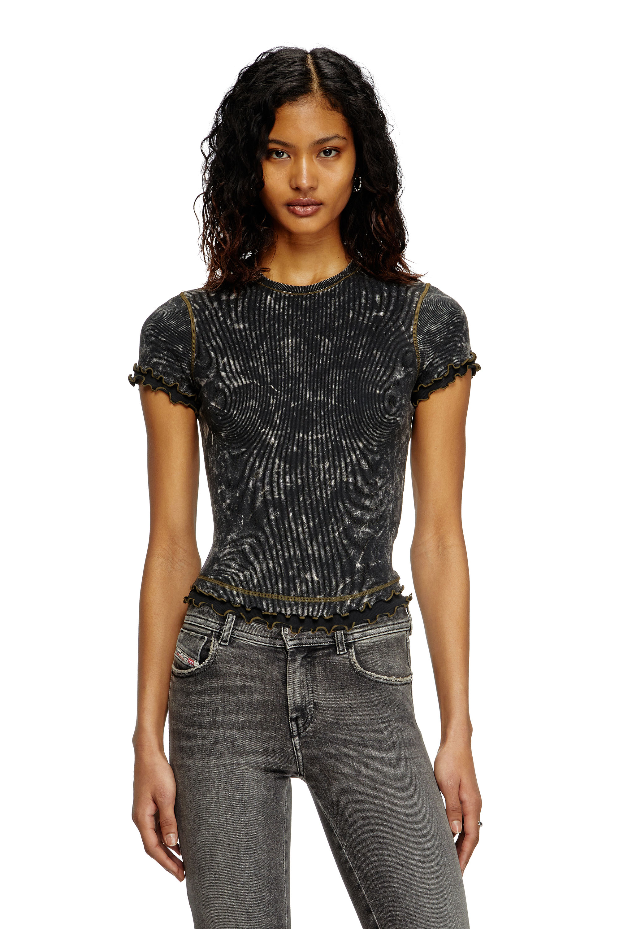 Diesel - T-FLU, Woman's Marbled T-shirt with ruffled trims in null - 1