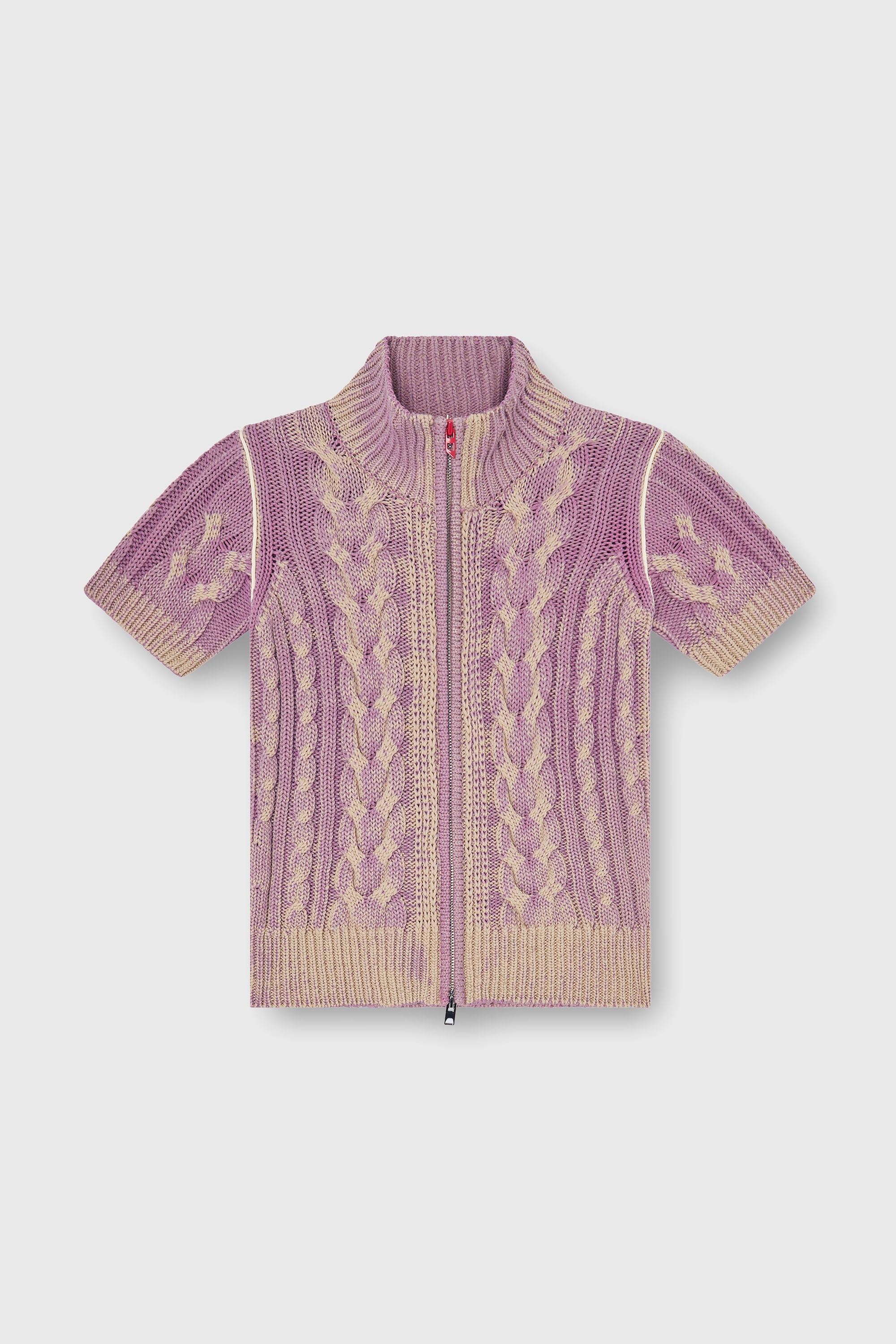 Diesel - M-ELANA, Woman's Short-sleeve zip cardigan in cable knit in Beige/Violet - 2
