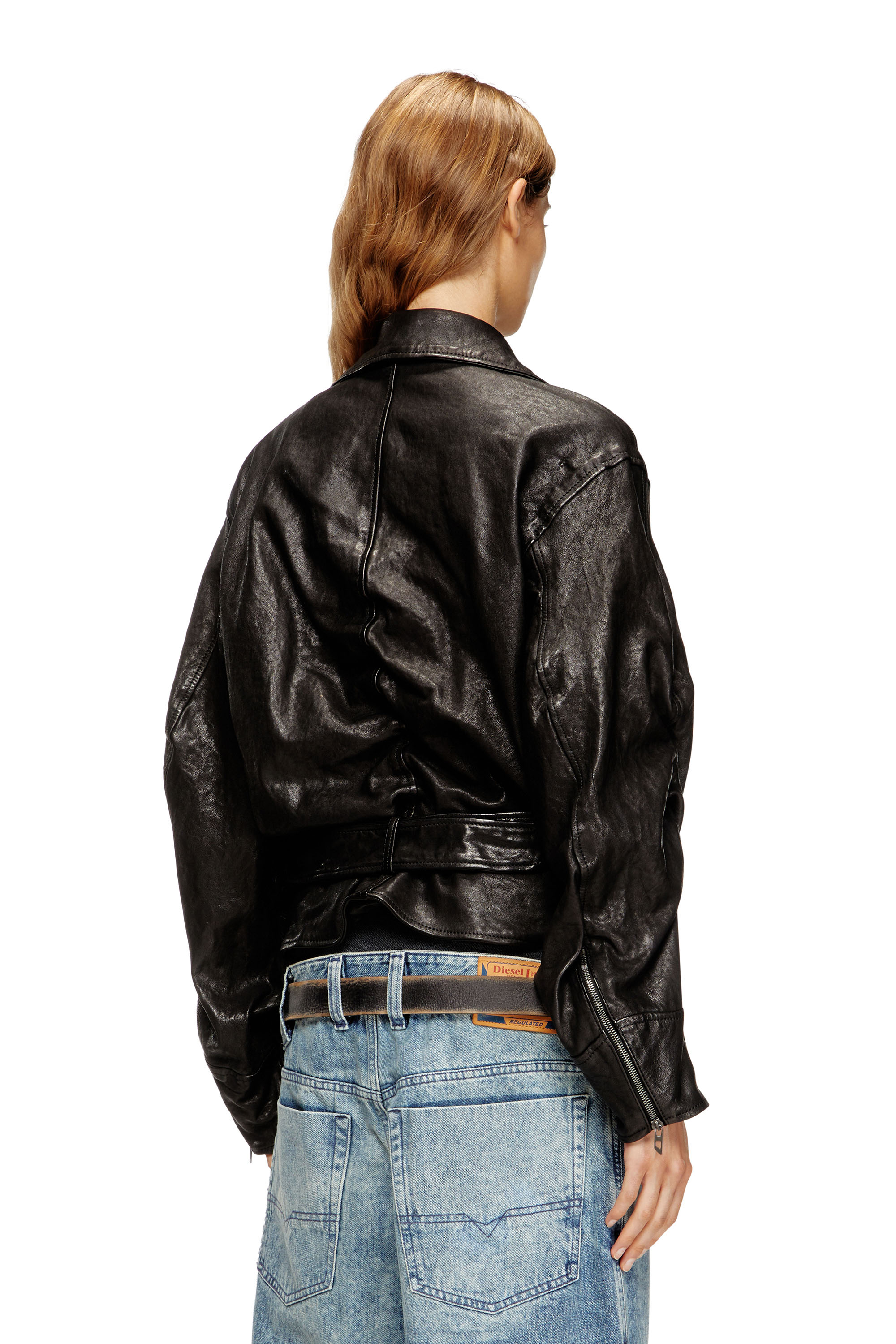 Diesel - L-OYS, Woman's Belted jacket in boiled leather in Black - 4