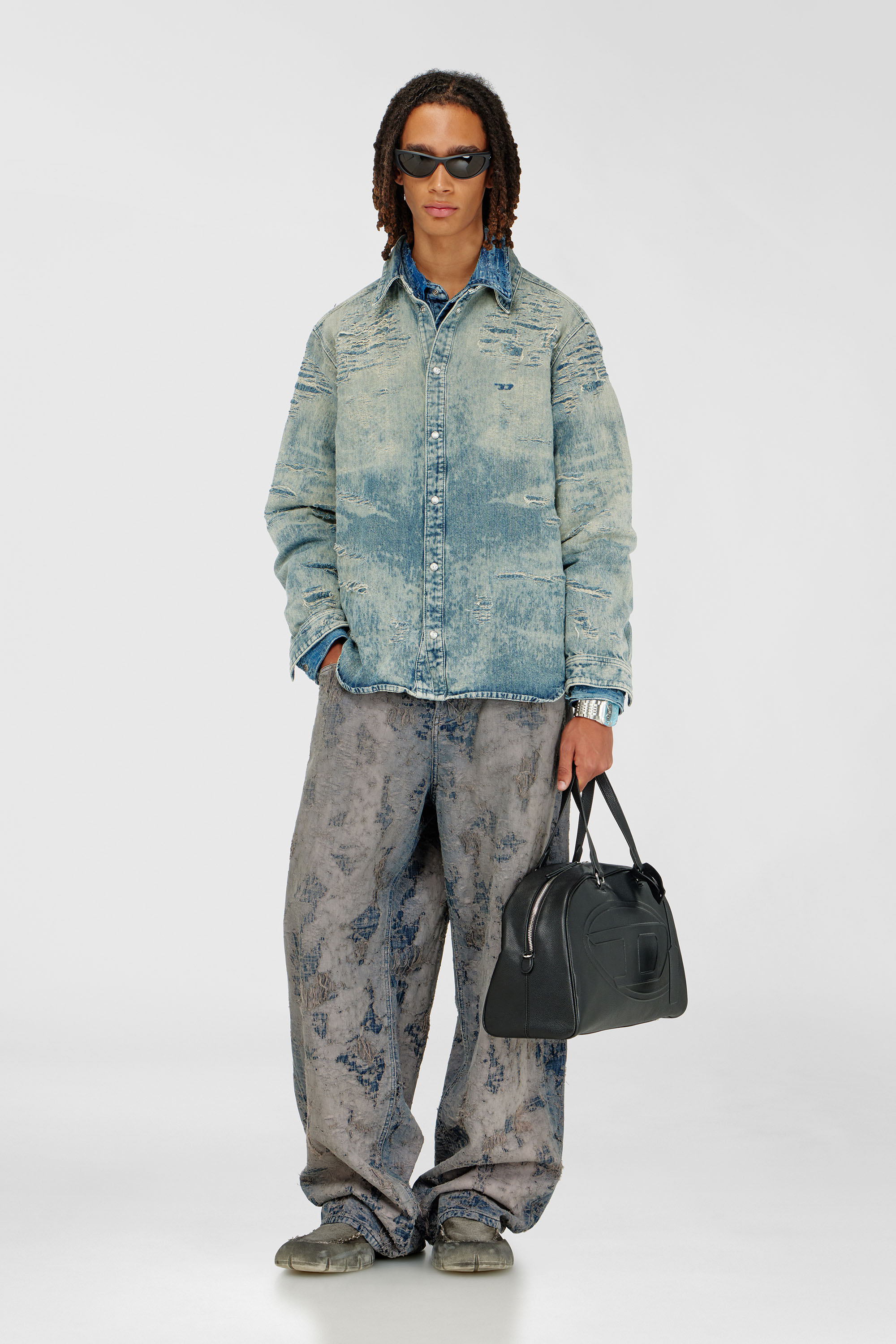 Shirt in distressed-effect jacquard denim