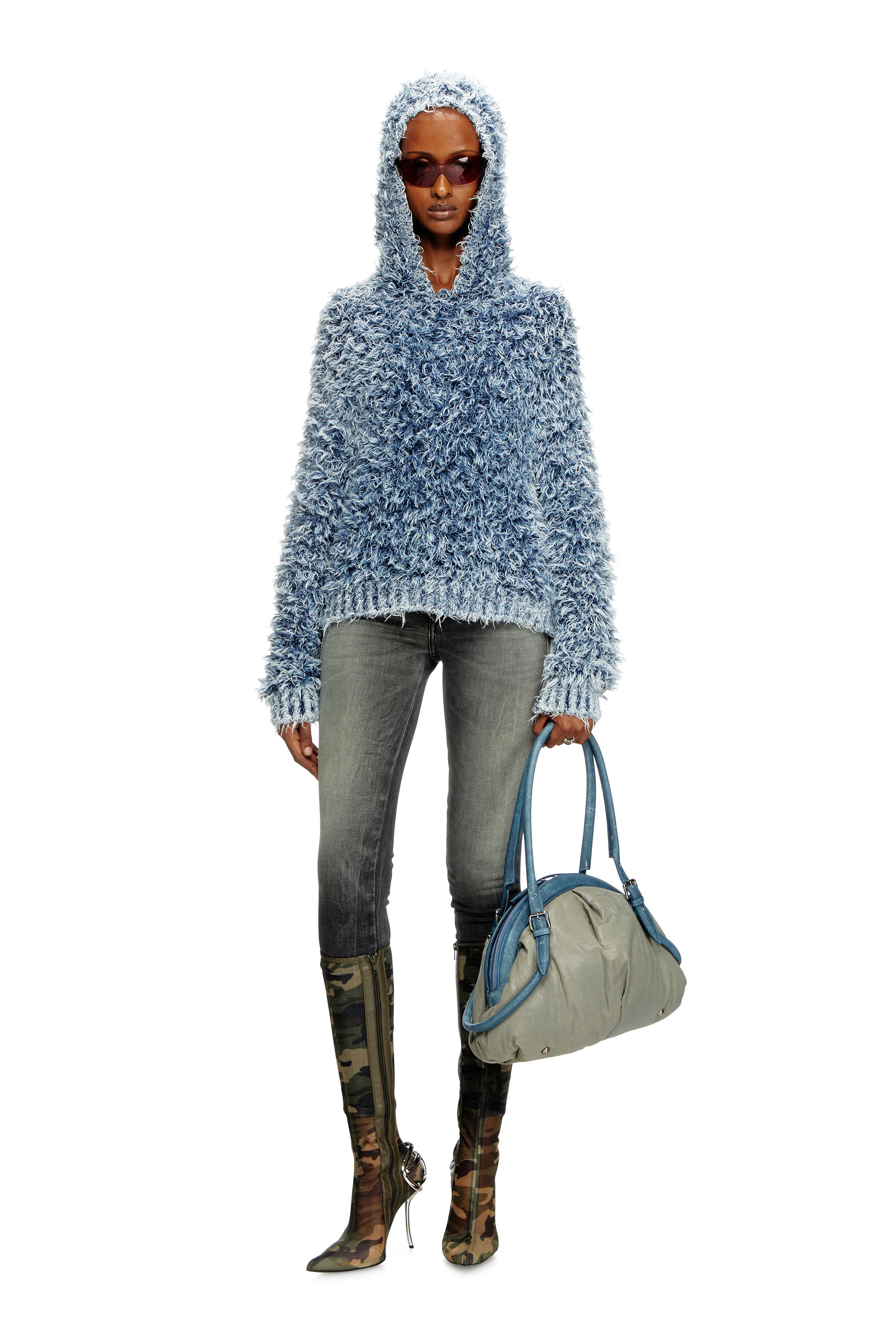 Diesel - M-DOLLY, Woman's Textured-knit hoodie in Blue - 1