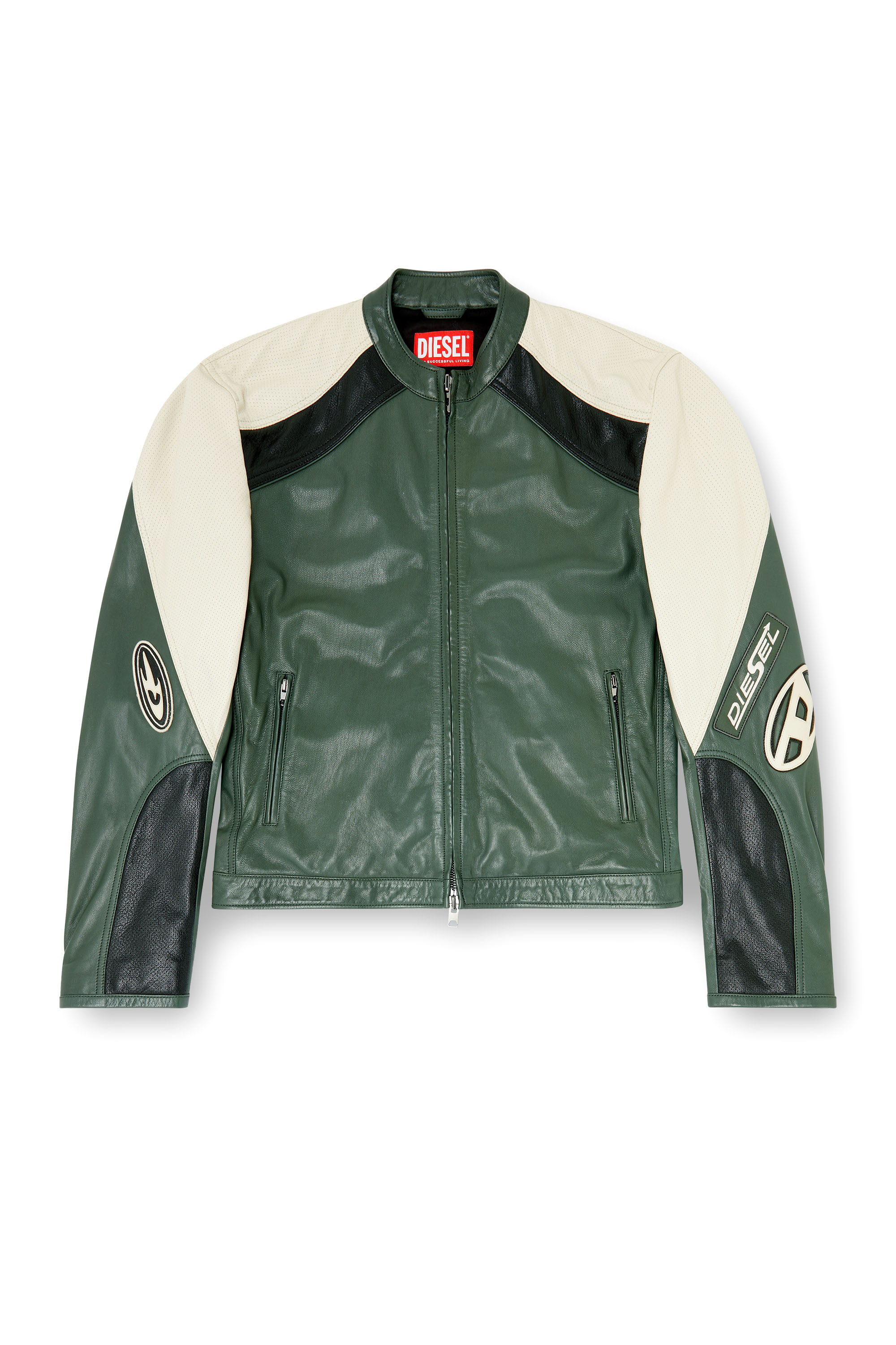 Diesel - L-AHTI, Man's Biker jacket in colour-block perforated leather in null - 2