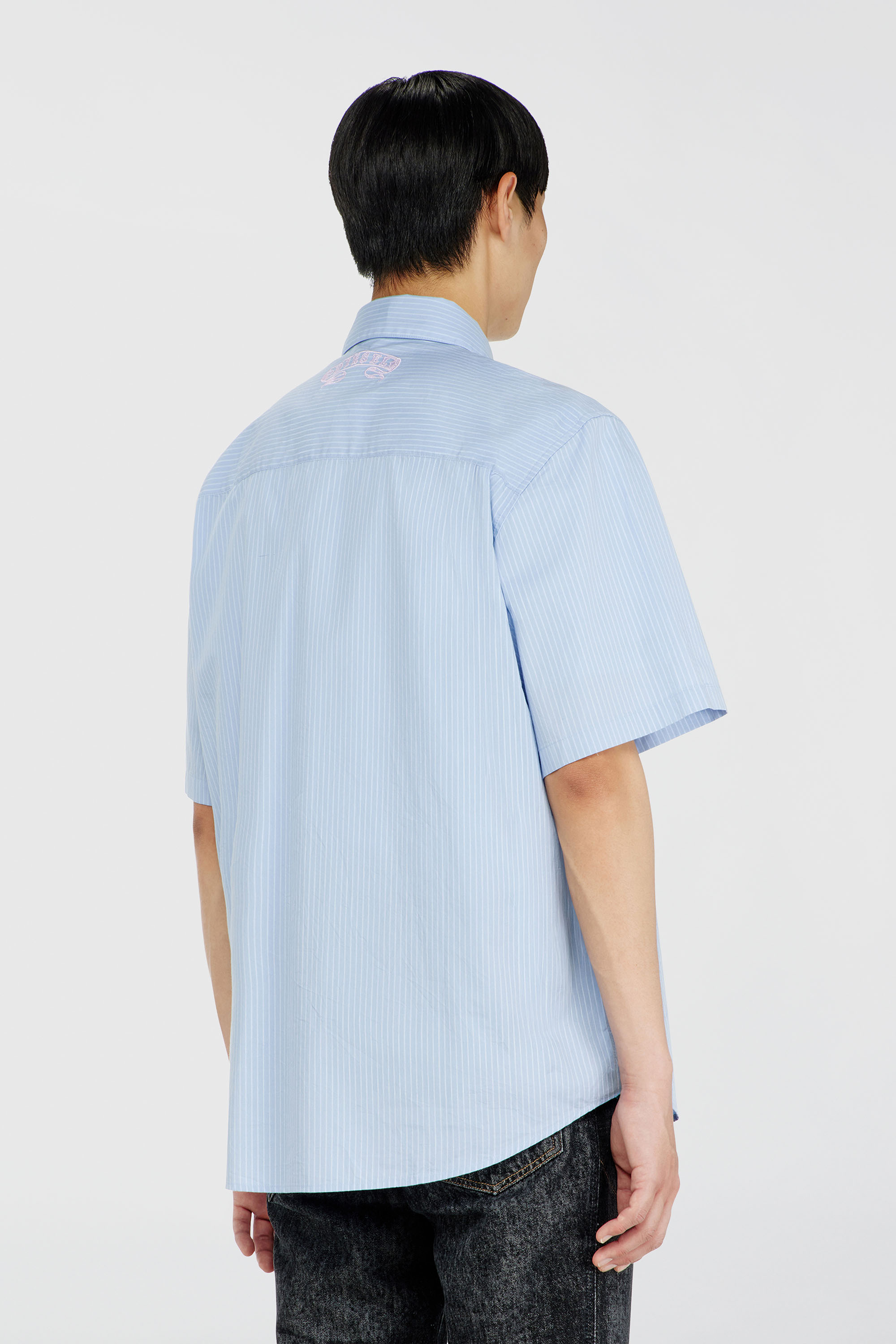 Diesel - S-SIMPLY-SS-AGCZ, Man's Striped poplin shirt with embroidered patch in Light Blue - 4