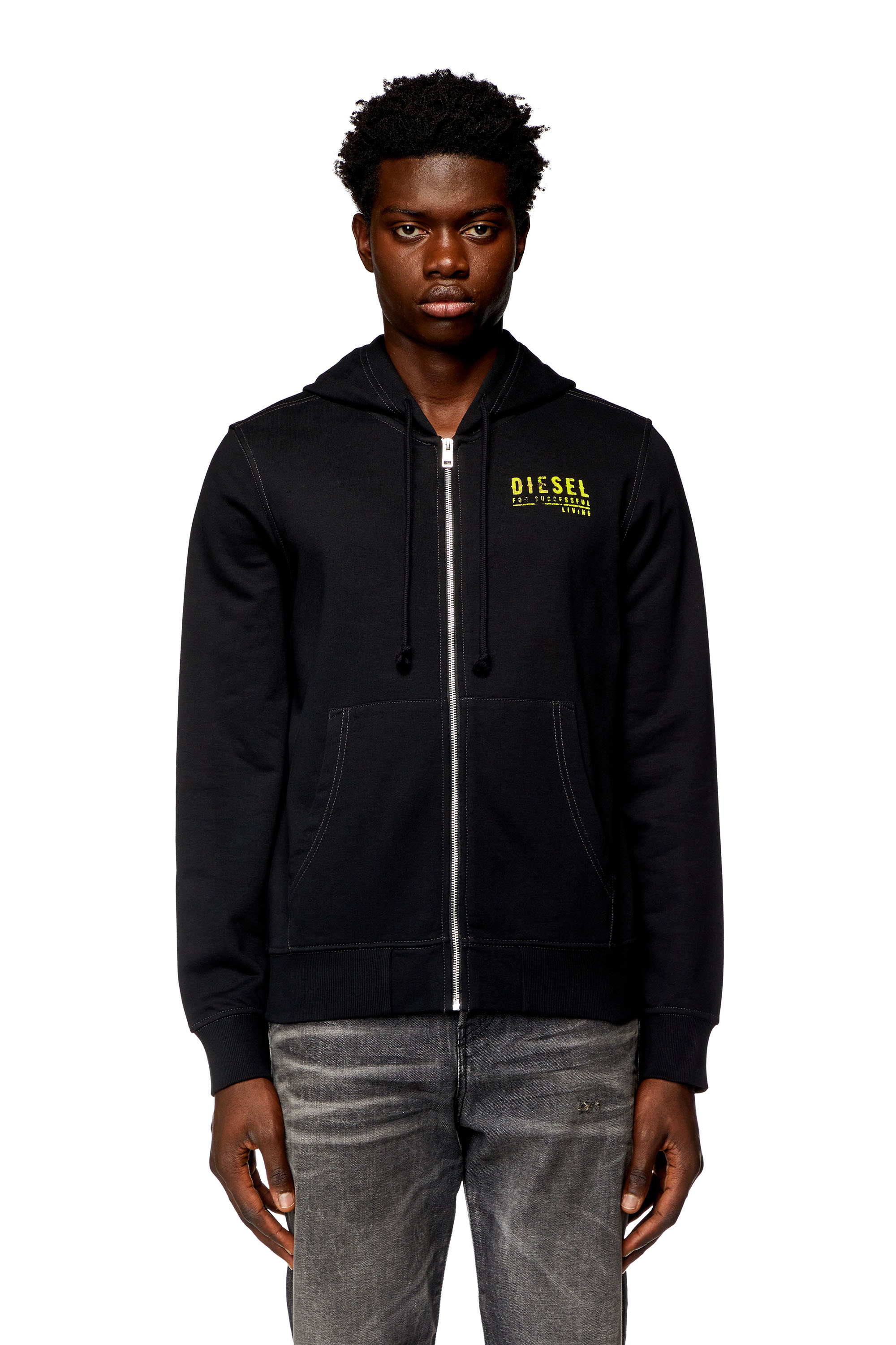 Diesel - S-GINN-HOOD-ZIP-K11, Man's Zip hoodie with mottled logo print in Black - 2