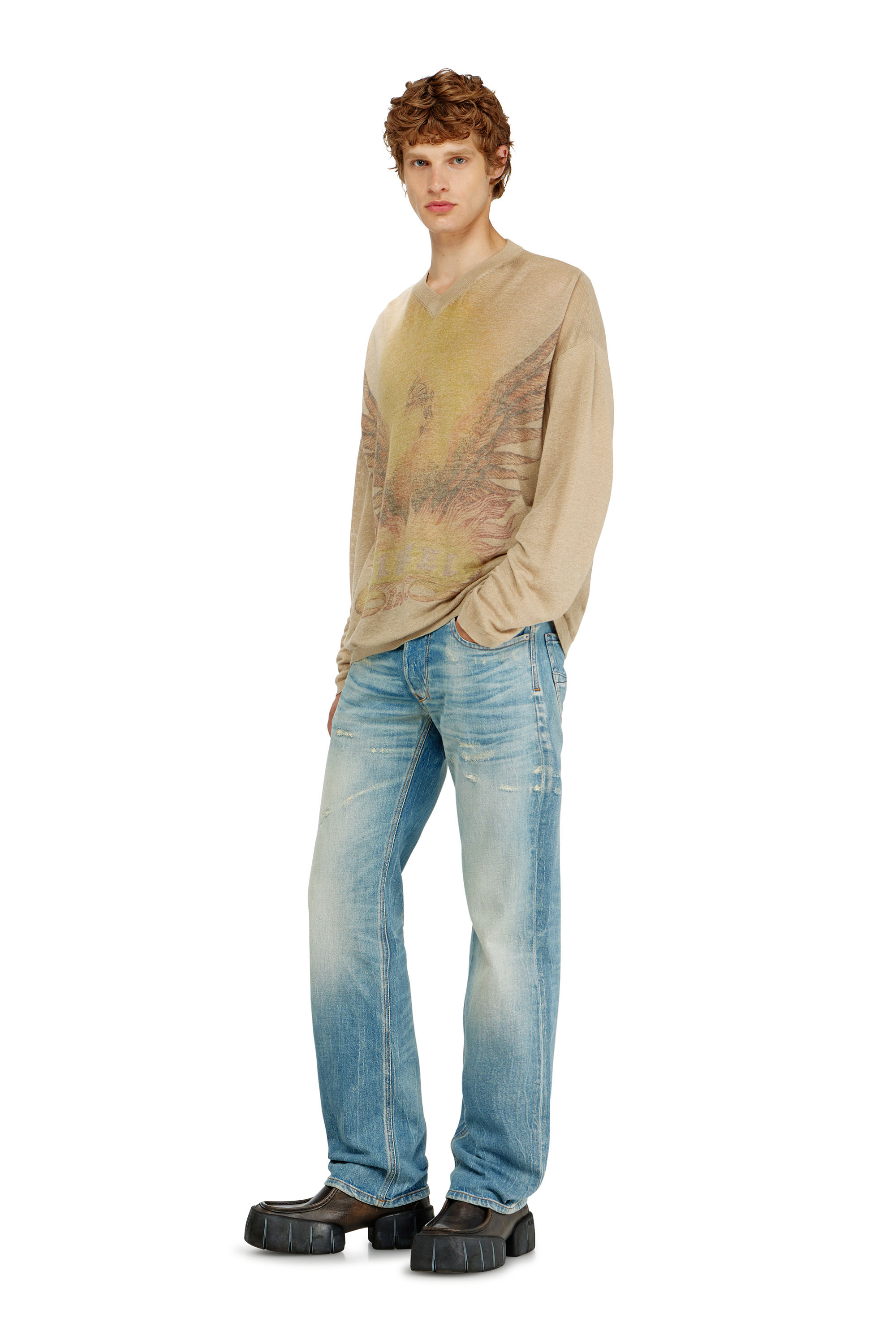 Diesel - K-ARMINS, Man's Linen jumper with faded Phoenix print in Beige - 2