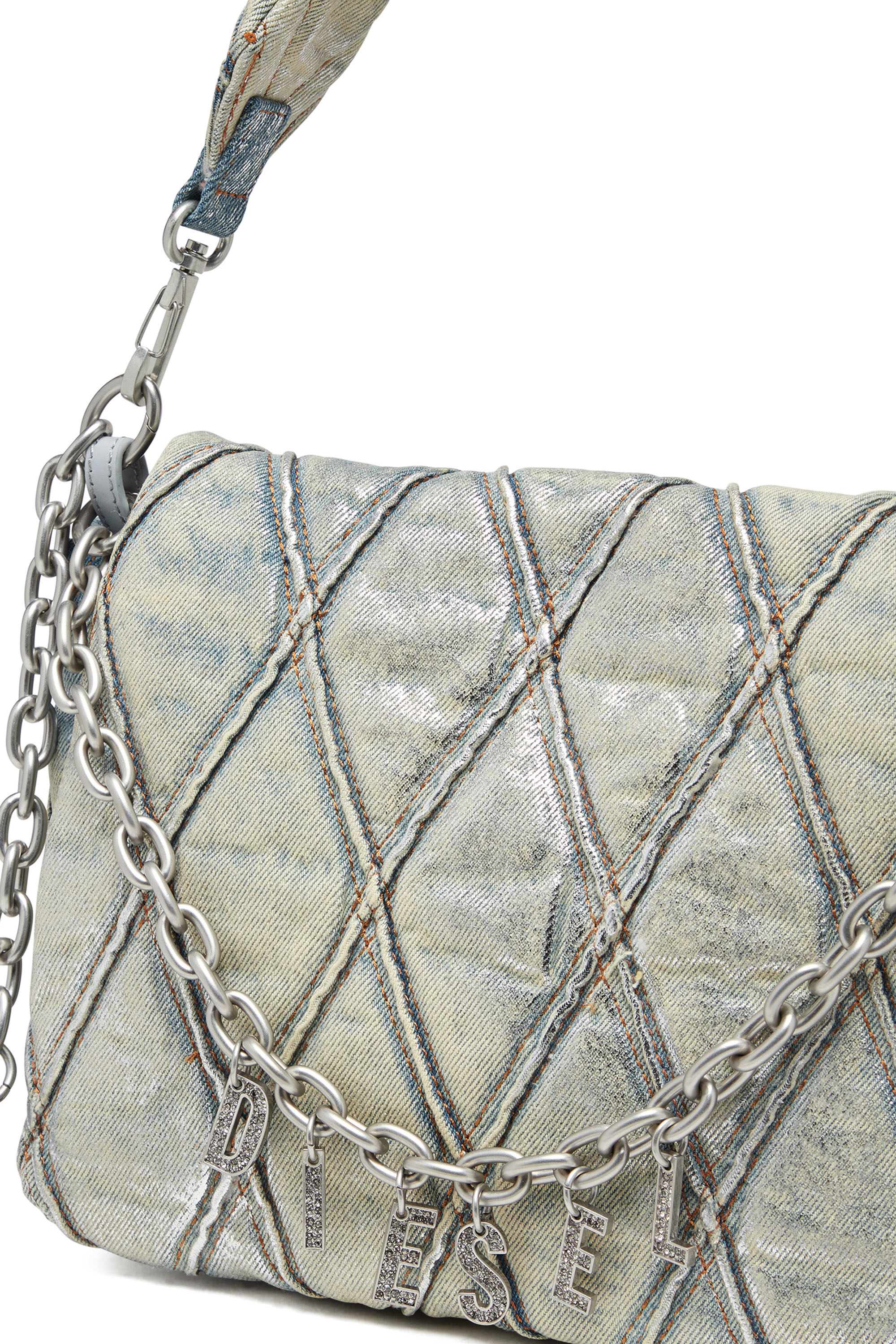 Diesel - CHARM-D SHOULDER M, Woman's Charm-D M-Shoulder bag in metallic quilted denim in Light Blue - 5