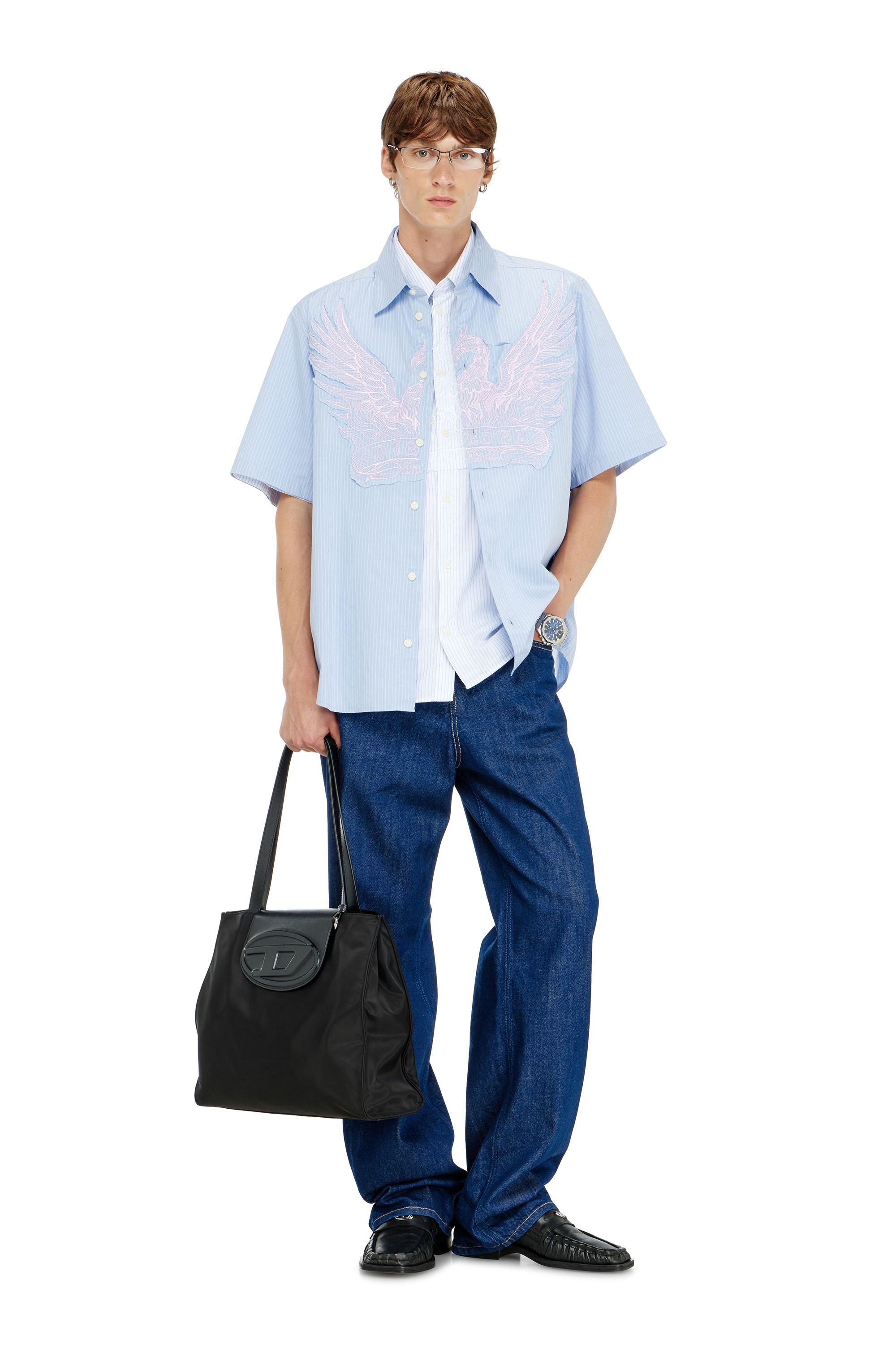 Diesel - S-SIMPLY-SS-AGCZ, Man's Striped poplin shirt with embroidered patch in Light Blue - 2