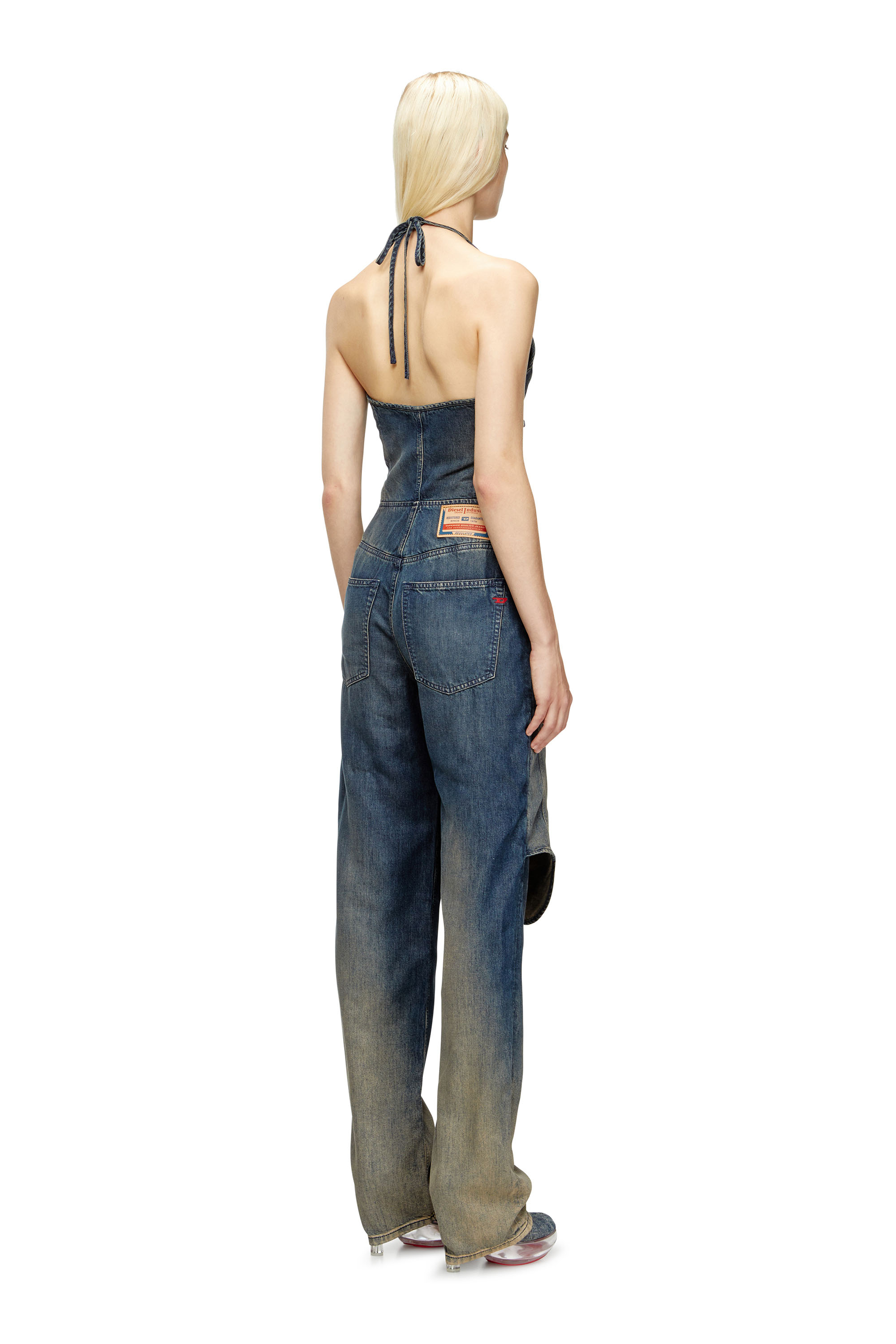 Diesel - DE-CYNTHIA-S, Woman's Halter jumpsuit in gradient fluid denim in Dark Blue - 4