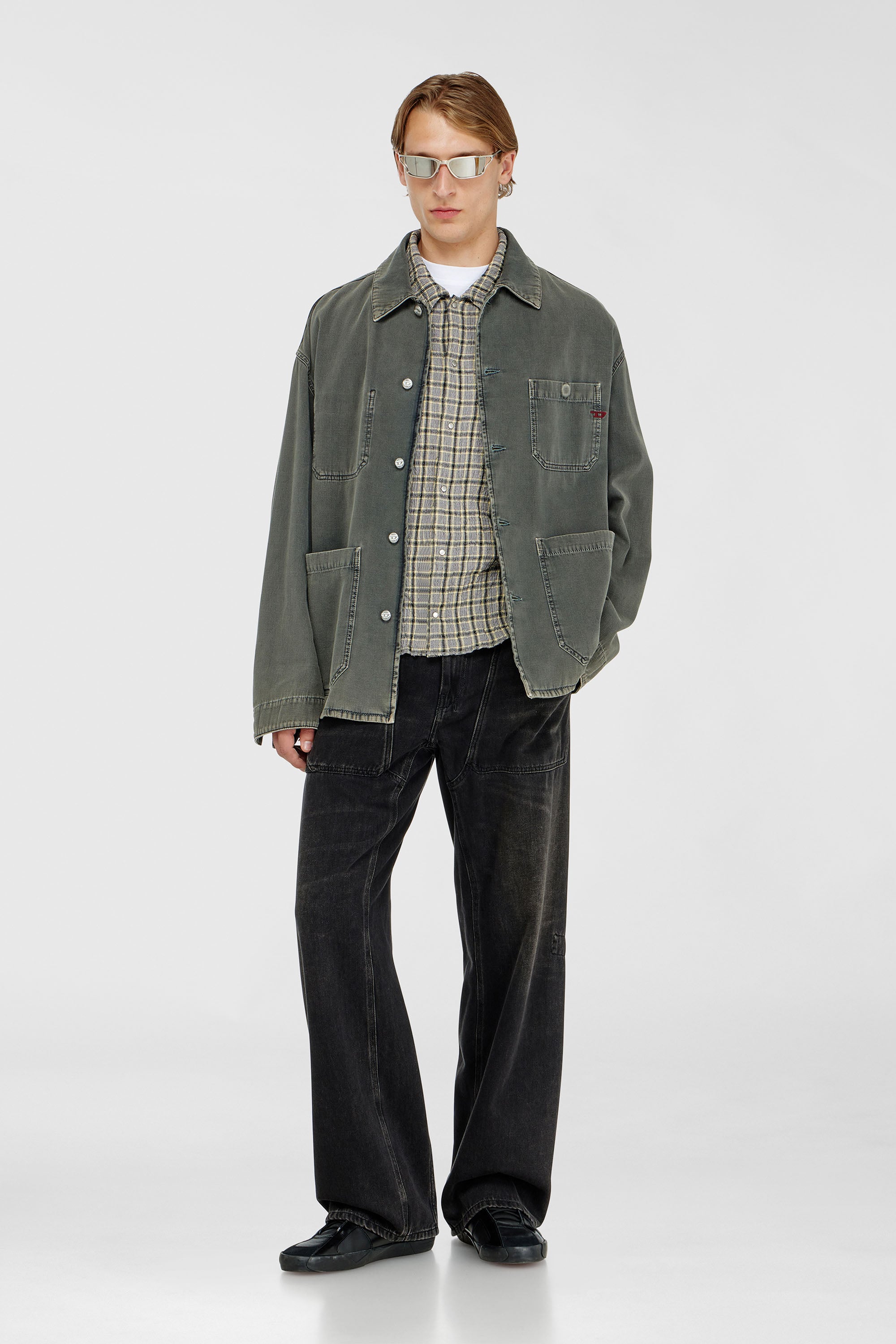 Diesel - S-SEERK, Man's Check shirt with seersucker effect in Green/Grey - 2