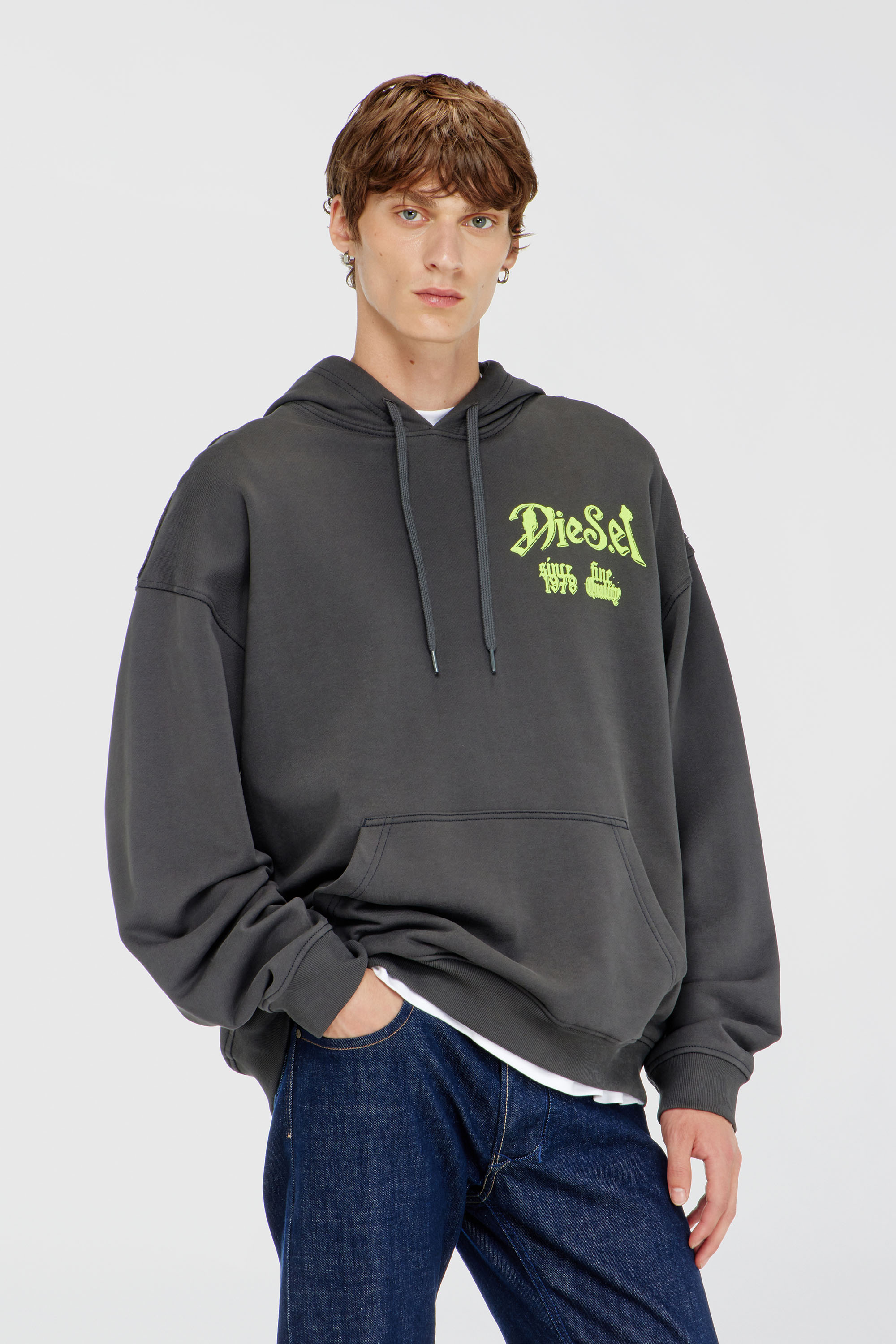 Diesel - S-BOXT-HOOD-AA2, Man's Cotton hoodie with flocked graphics in Dark grey - 1