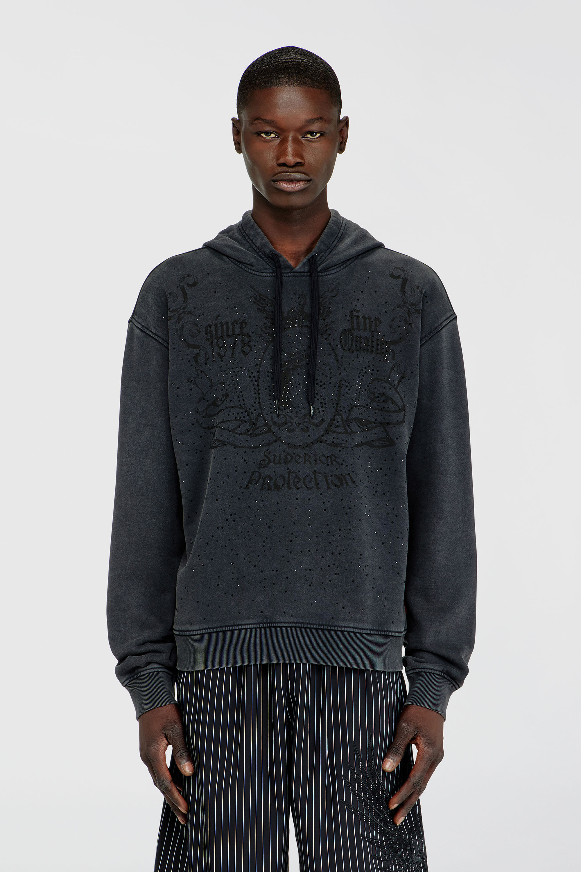 Diesel - S-NORM-HOOD-AA3, Man's Printed hoodie with rhinestone studs in Dark grey - 1