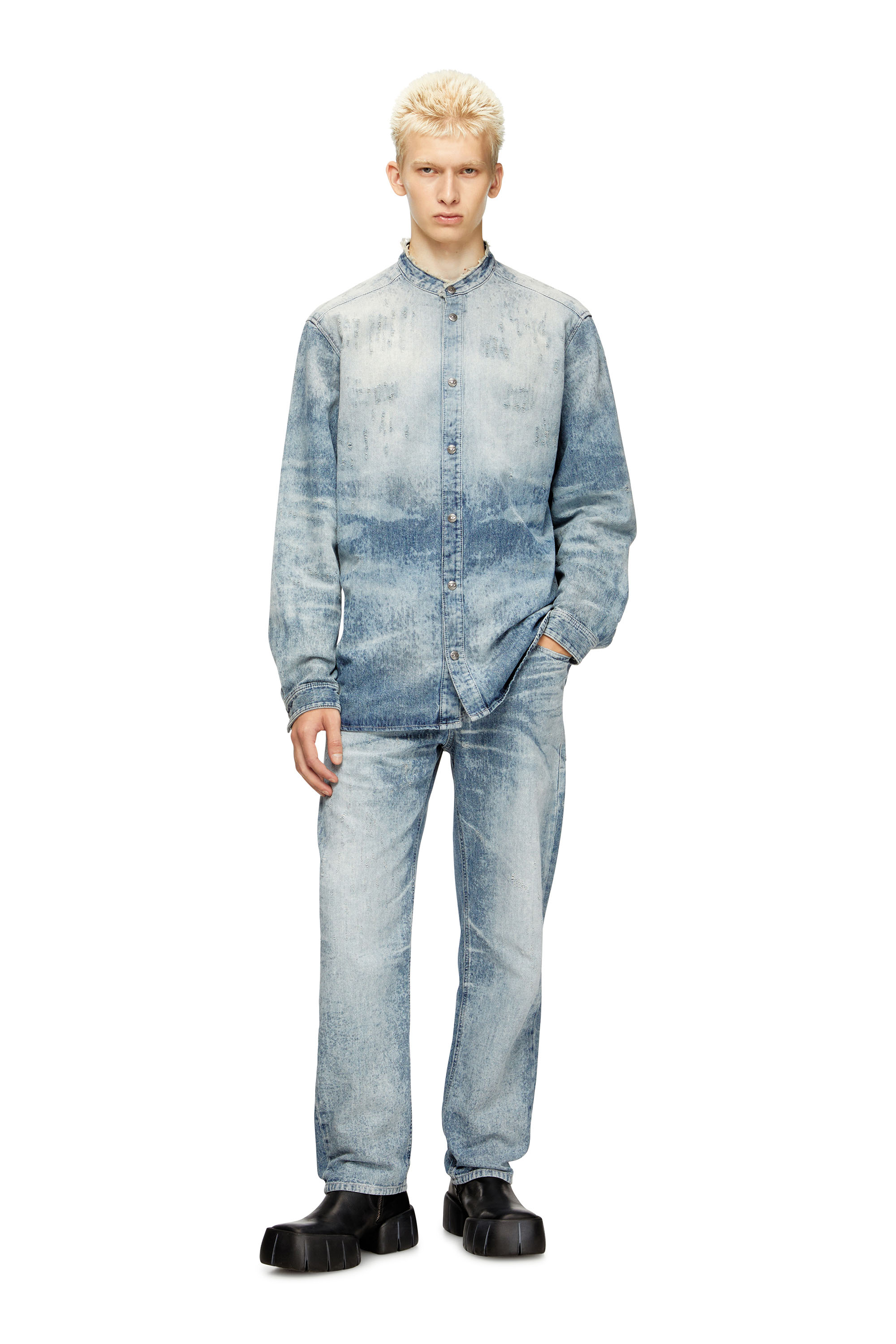 D-SIMP-FSH, Light Blue Diesel - D-SIMP-FSH, Man's Shirt in distressed honeycomb denim in Light Blue - 1