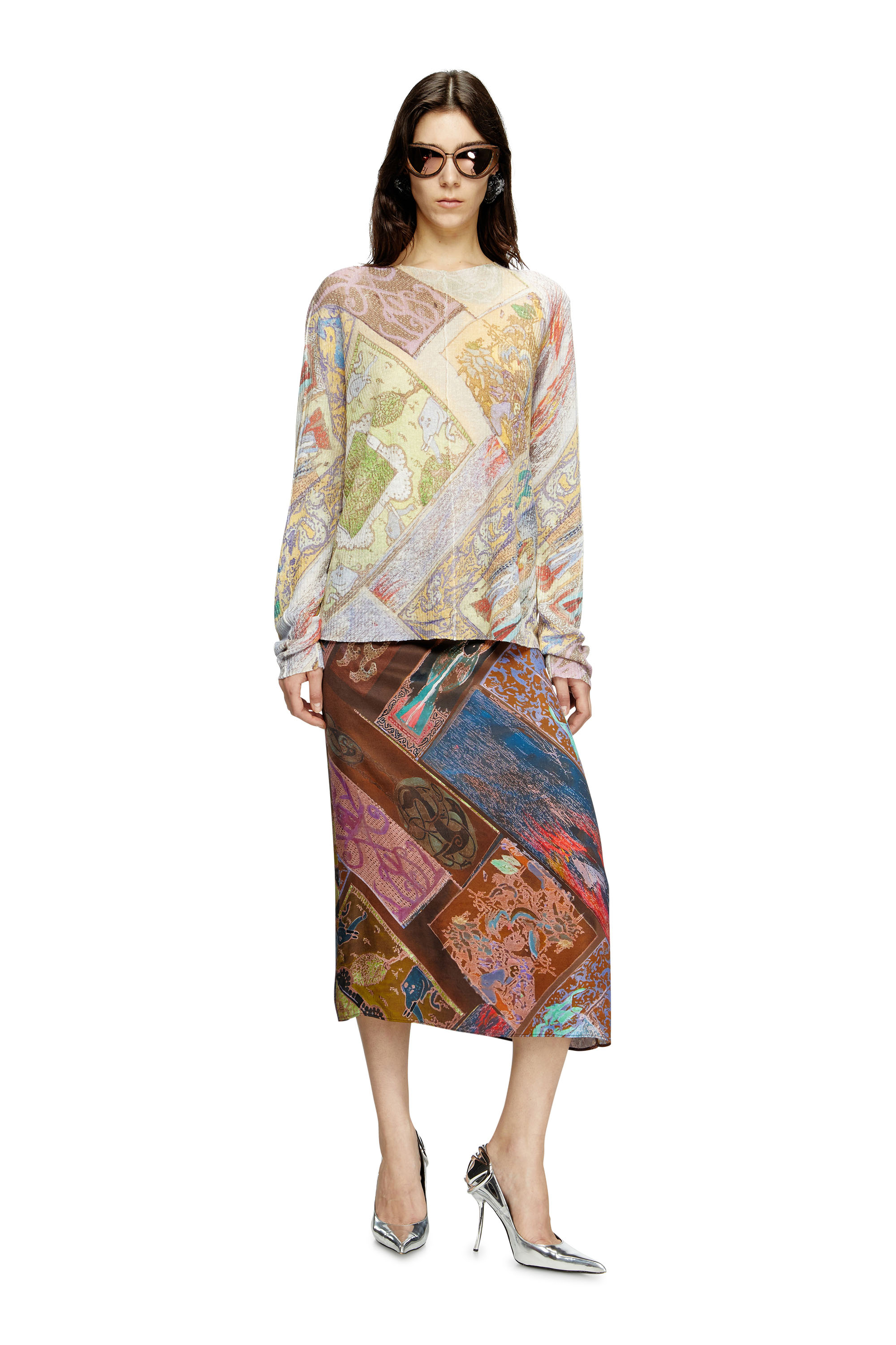 O-RCHID, Brown Diesel - O-RCHID, Woman's Viscose midi skirt with Heraldic print in Brown - 1