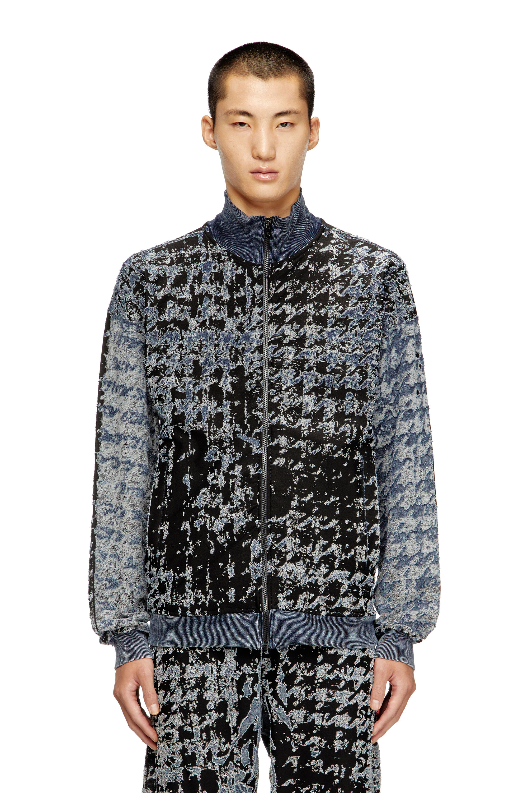 Diesel - S-CORR, Man's Devoré houndstooth zip-up top in Black/Blue - 1