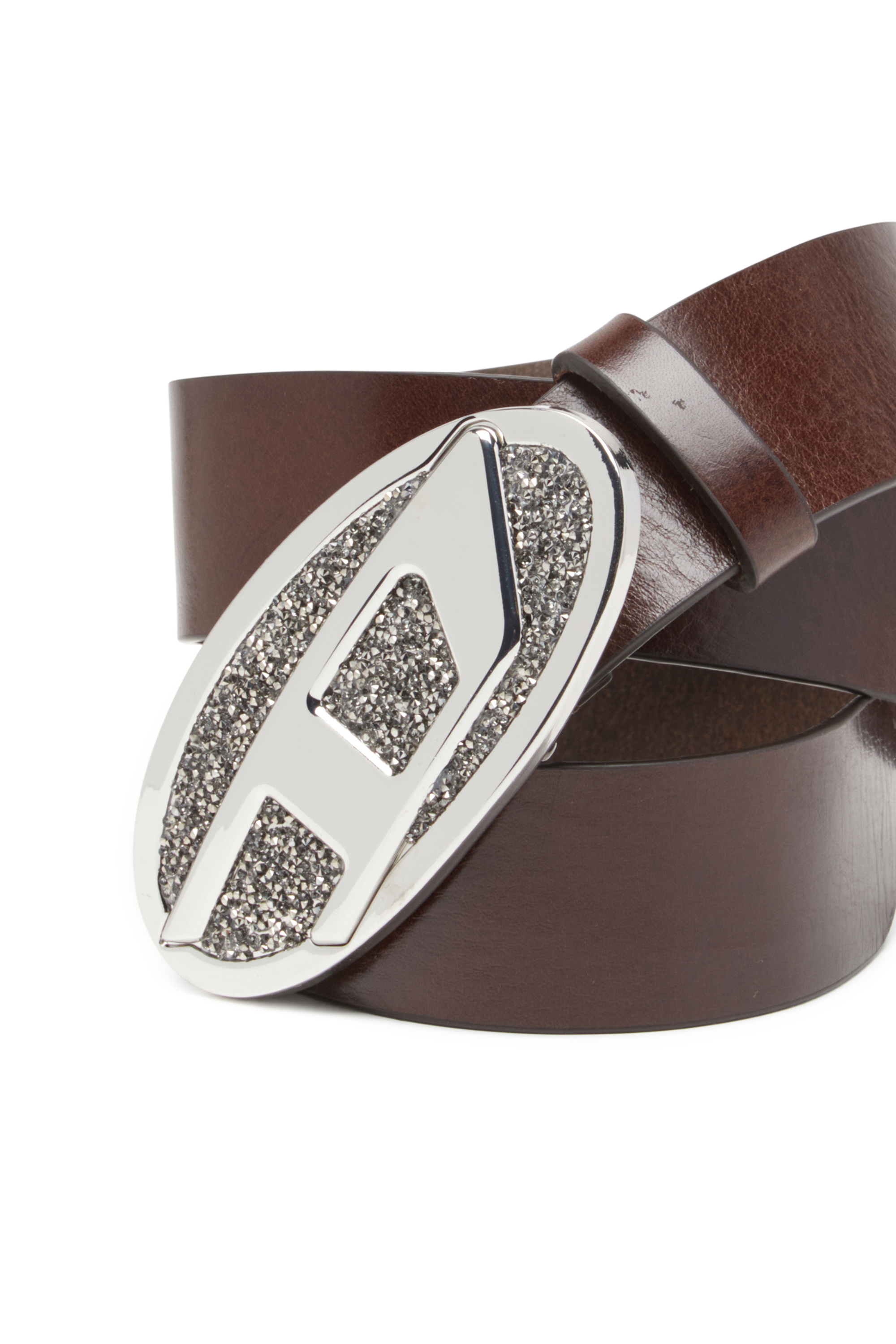Diesel - B-1DR 2.0 FULL ROCKS, Woman's 4cm leather belt with rhinestone Oval D buckle in Brown - 3