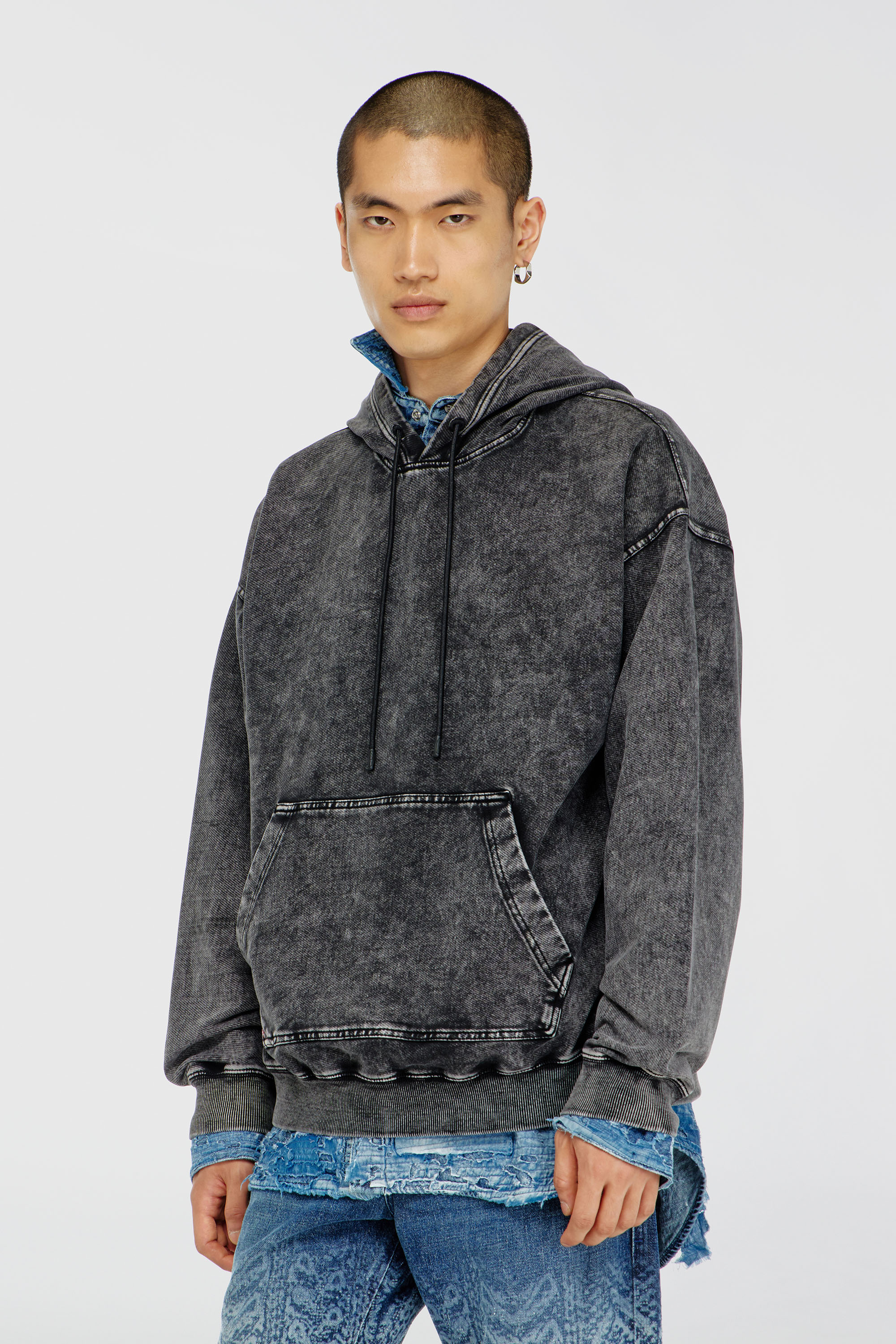 Diesel - S-BOXT-HOOD-TUK, Man's Treated denim-effect hoodie in Dark grey - 1