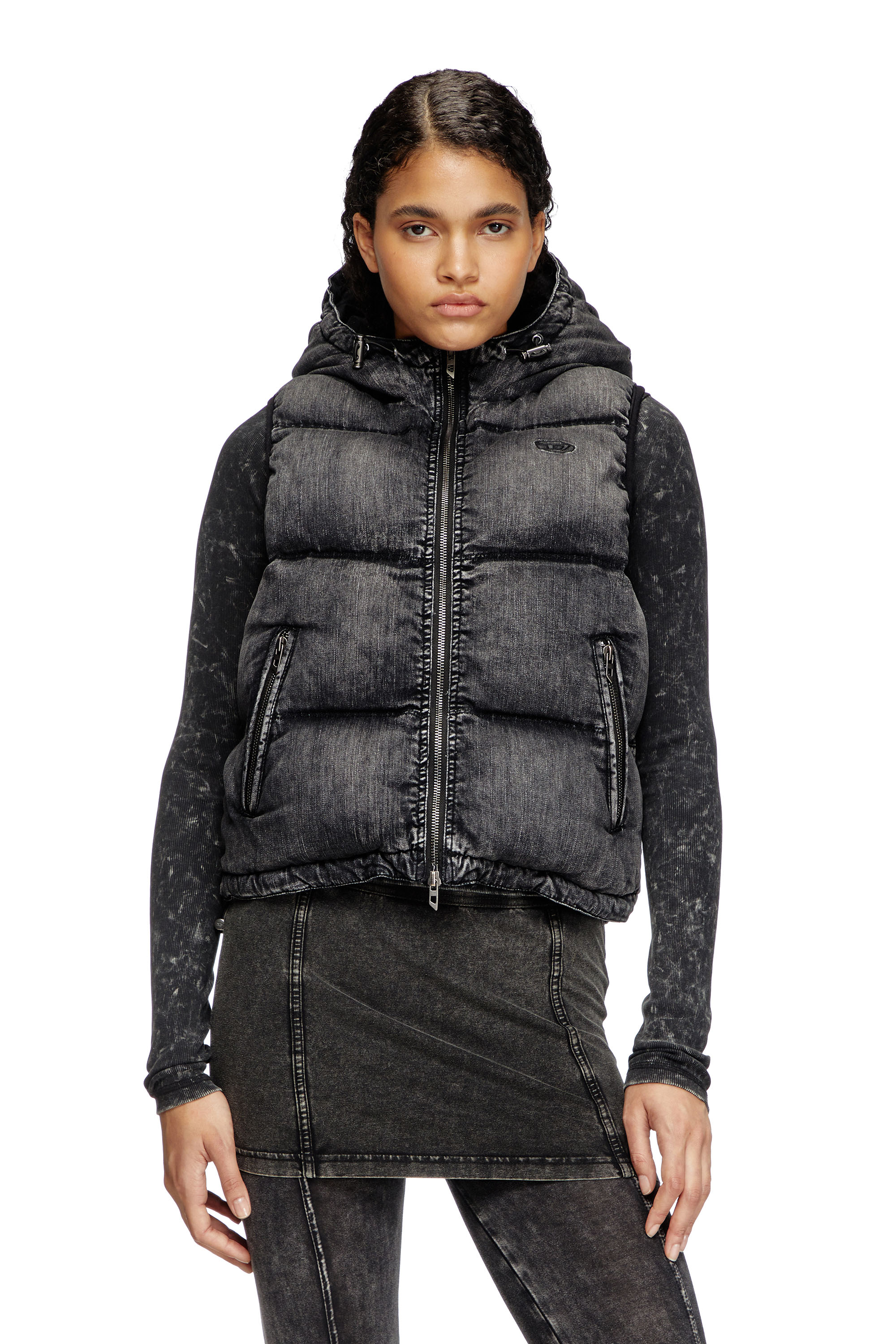 Diesel - W-HOPPER, Woman's Hooded puffer vest in faded denim in Black - 3