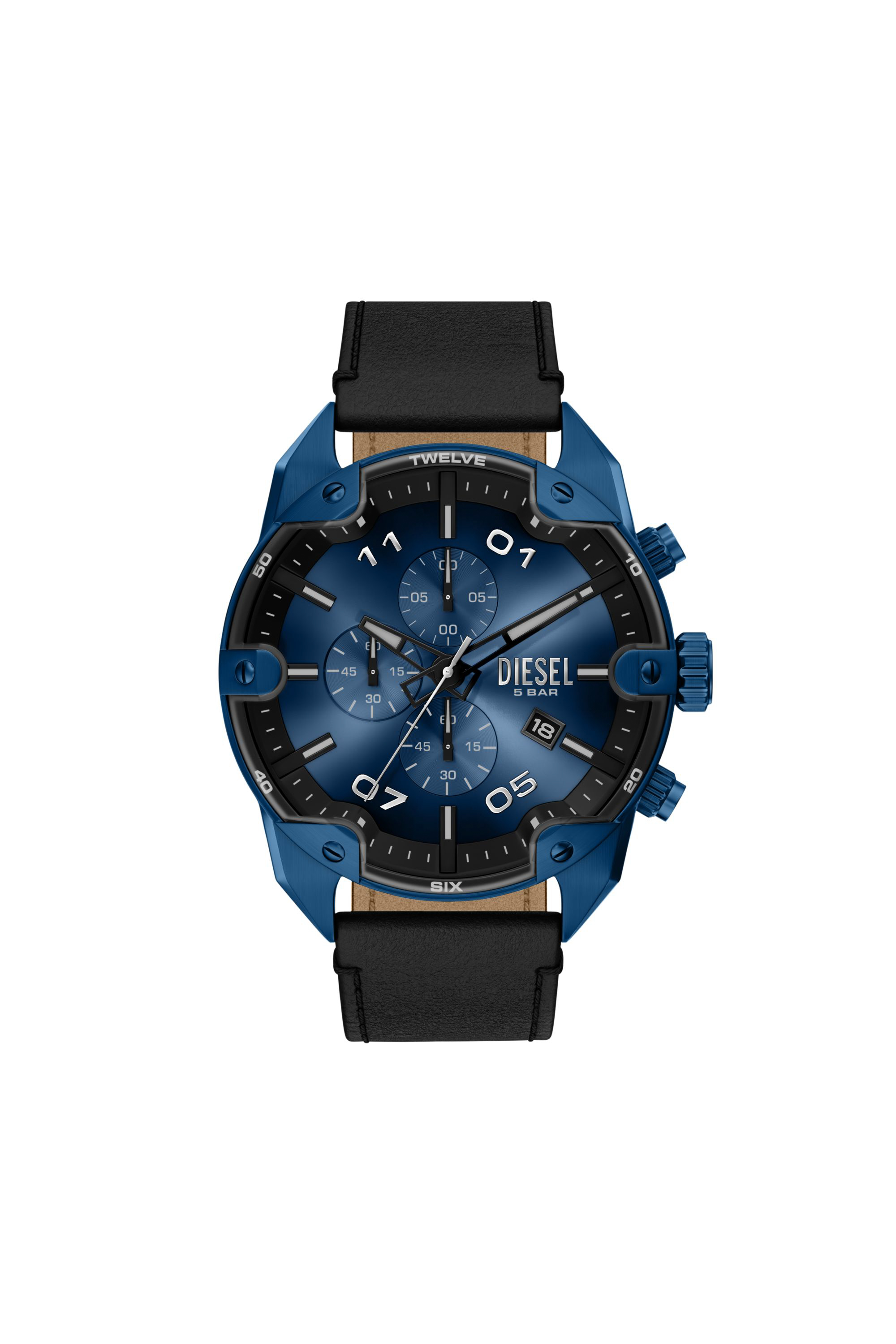 Diesel - DZ4703 WATCH, Man's Spiked Chronograph Black Leather Watch in Black/Blue - 1