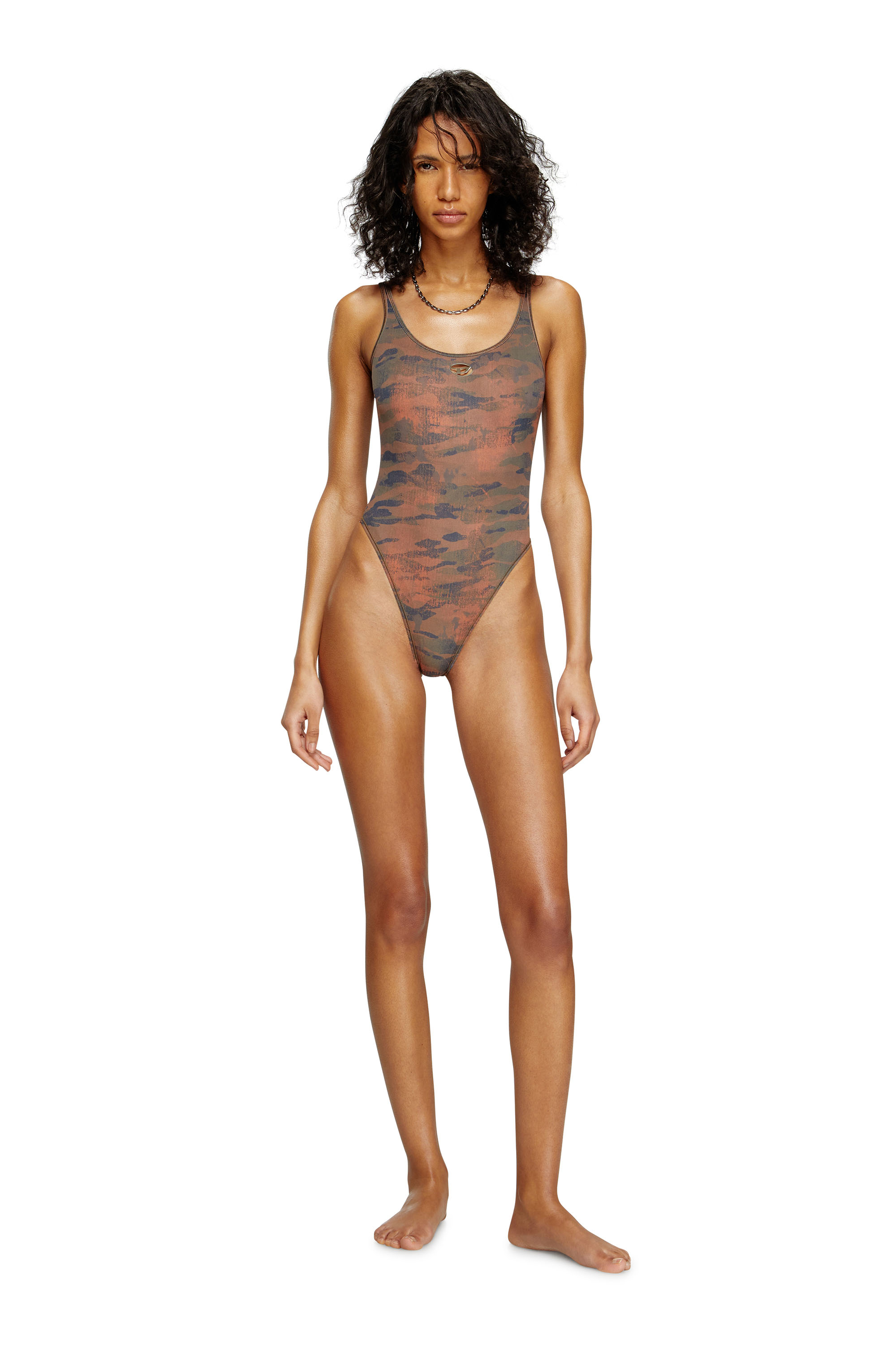UT-BODY-UTLT, Brown Diesel - UT-BODY-UTLT, Woman's Camo swimsuit with cut-out logo in Brown - 2