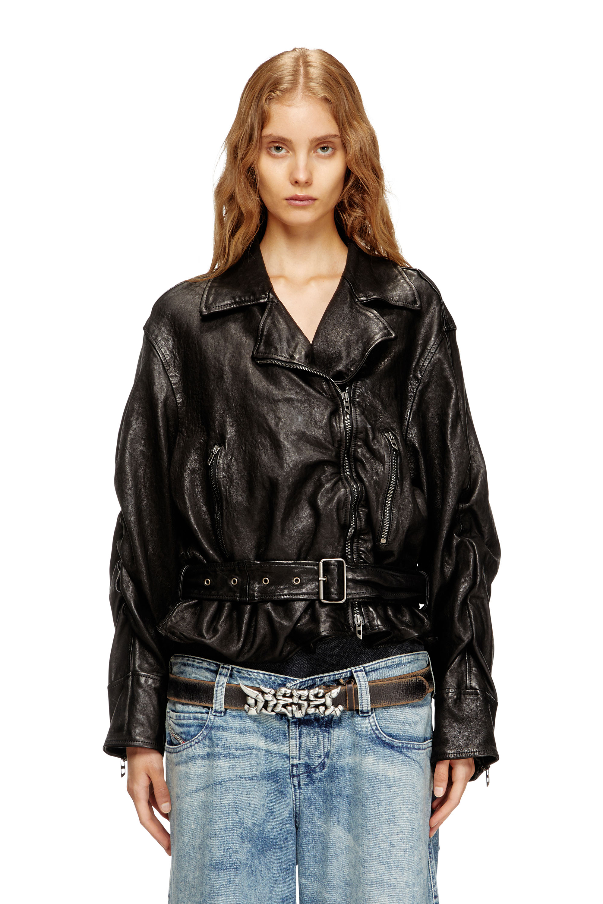 Diesel - L-OYS, Woman's Belted jacket in boiled leather in Black - 1