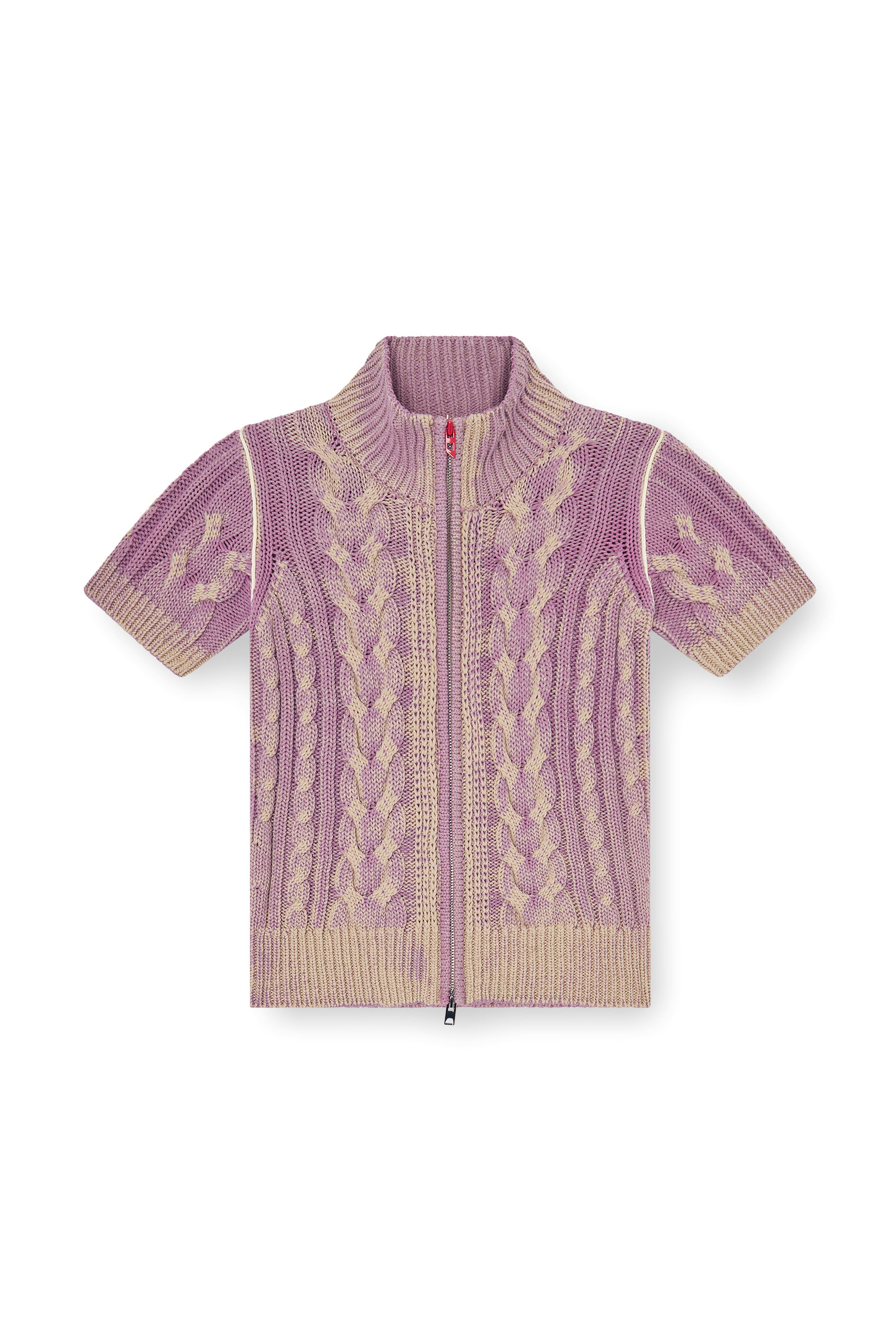 Diesel - M-ELANA, Woman's Short-sleeve zip cardigan in cable knit in Beige/Violet - 3