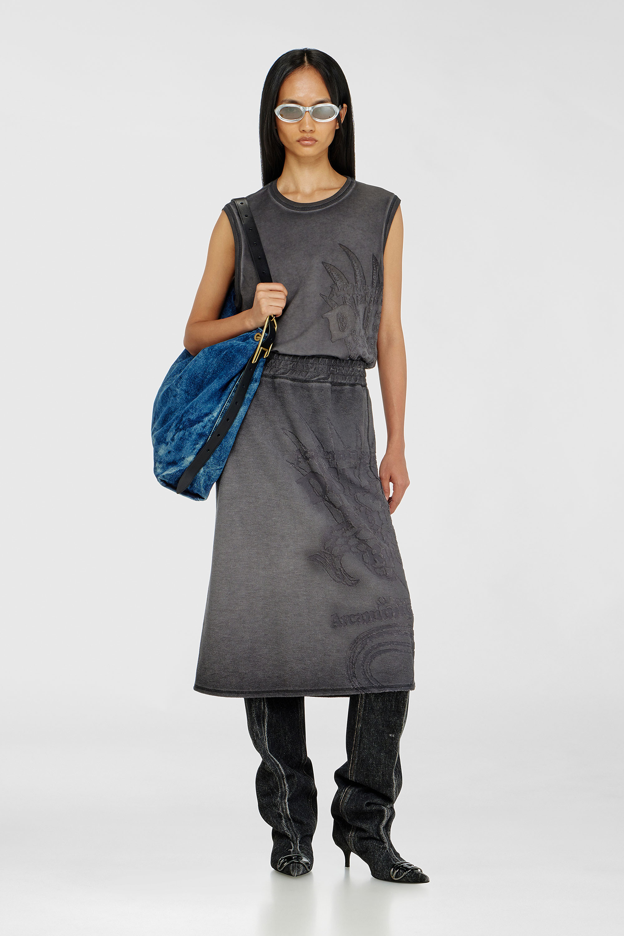 Diesel - O-BEAUTY, Woman's Fleece midi skirt with d&eacute;vor&eacute; print in Dark grey - 1