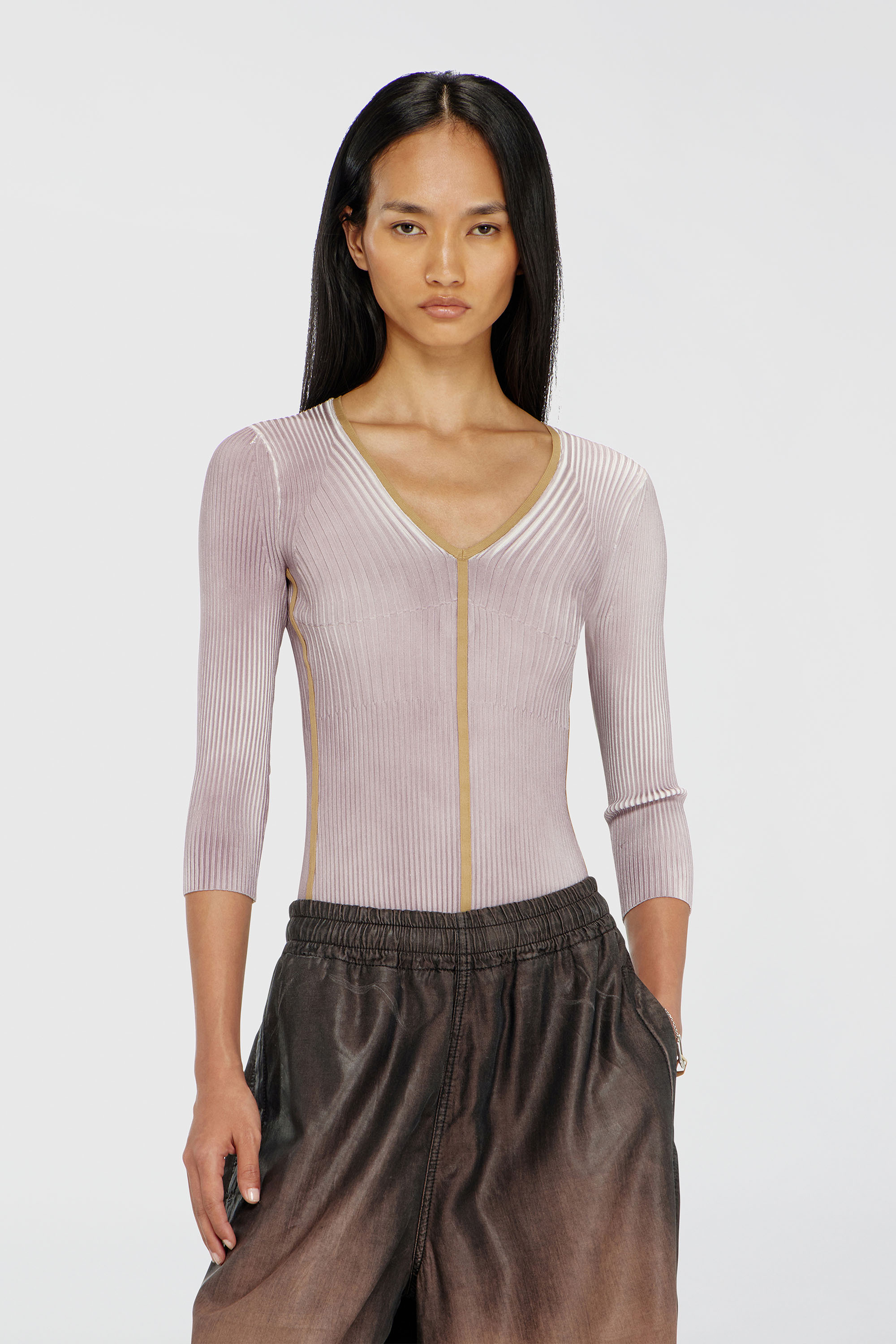 Diesel - M-SARMANI, Woman's Ribbed V-neck jumper with contrast bands in Lilac - 3