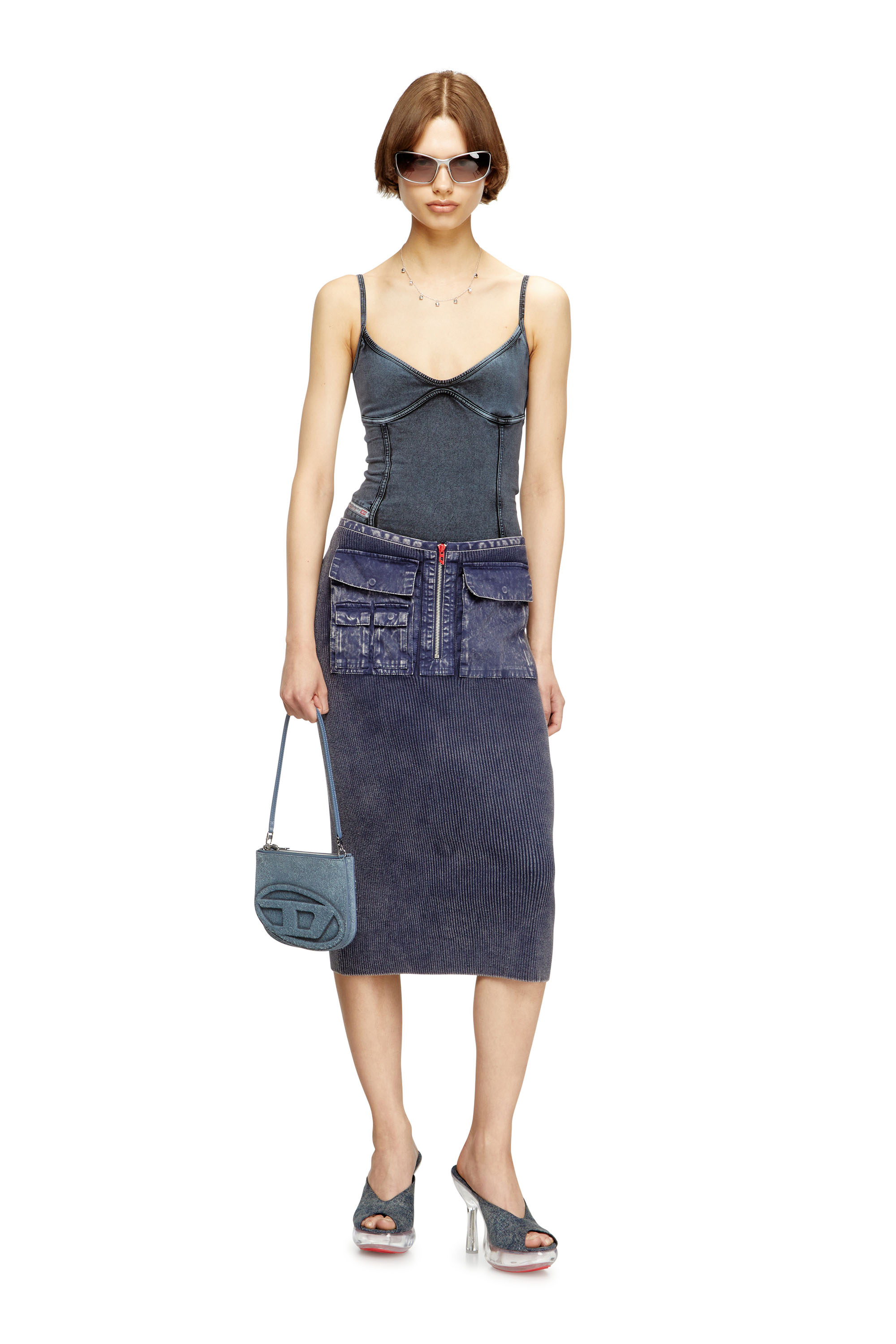 M-MERYN, Blue Diesel - M-MERYN, Woman's Knit midi skirt with denim cargo pockets in Blue - 1