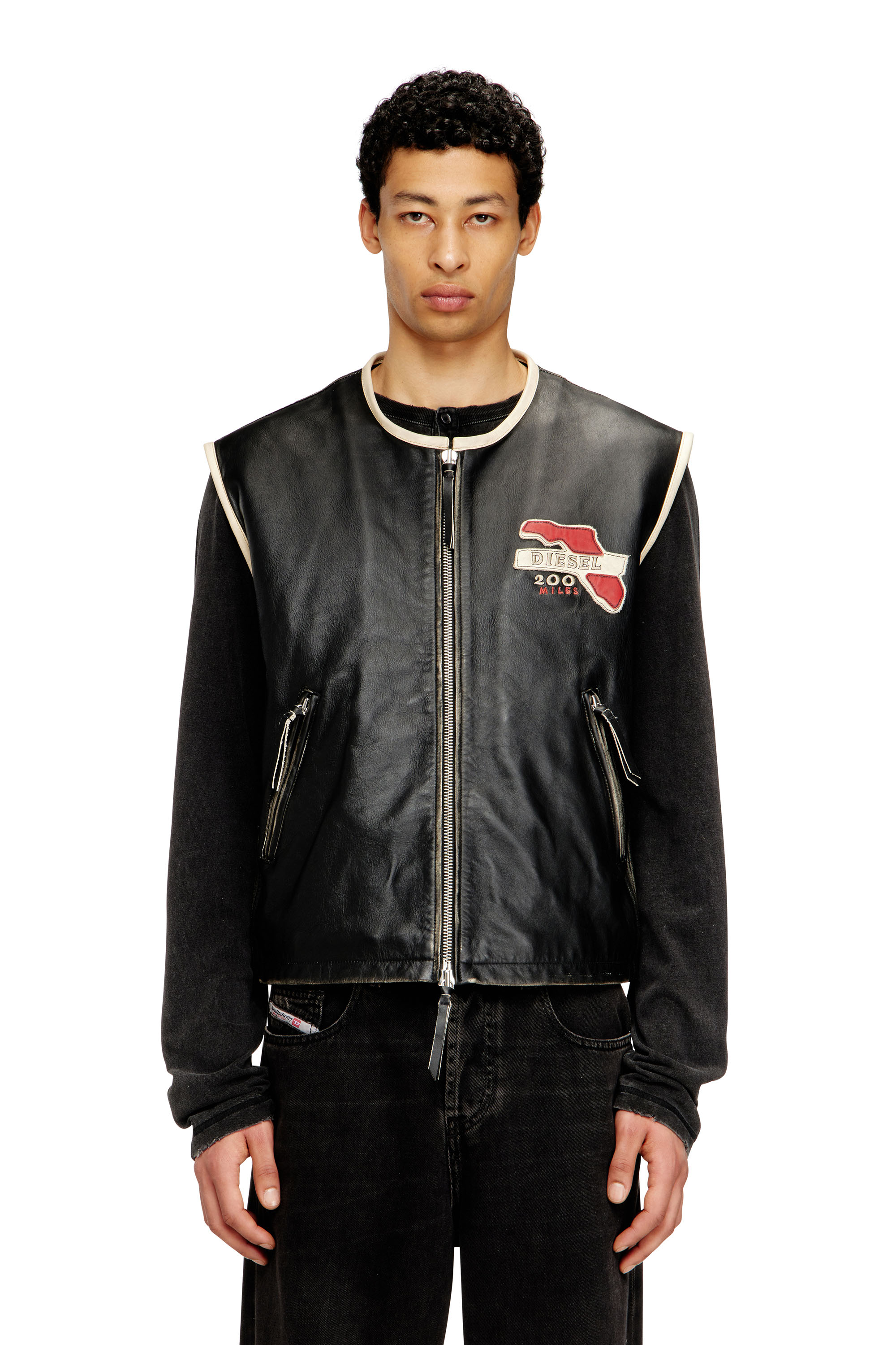 Diesel - L-FLYING-20TH, Man's Leather vest with embroidered patches in Black - 1