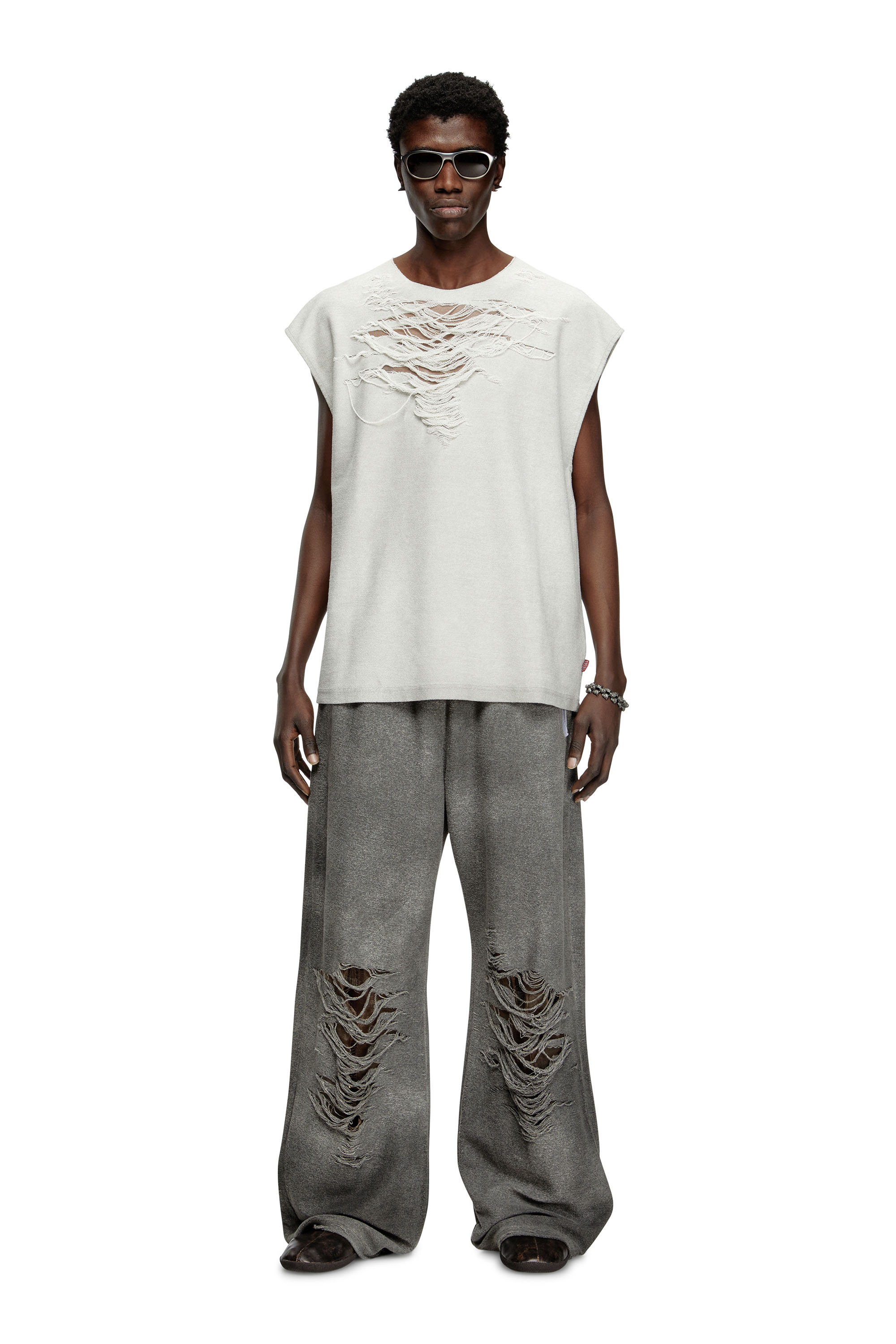 S-RUB-SL, Light Grey Diesel - S-RUB-SL, Man's Sleeveless sweatshirt with distressed front in Light Grey - 1