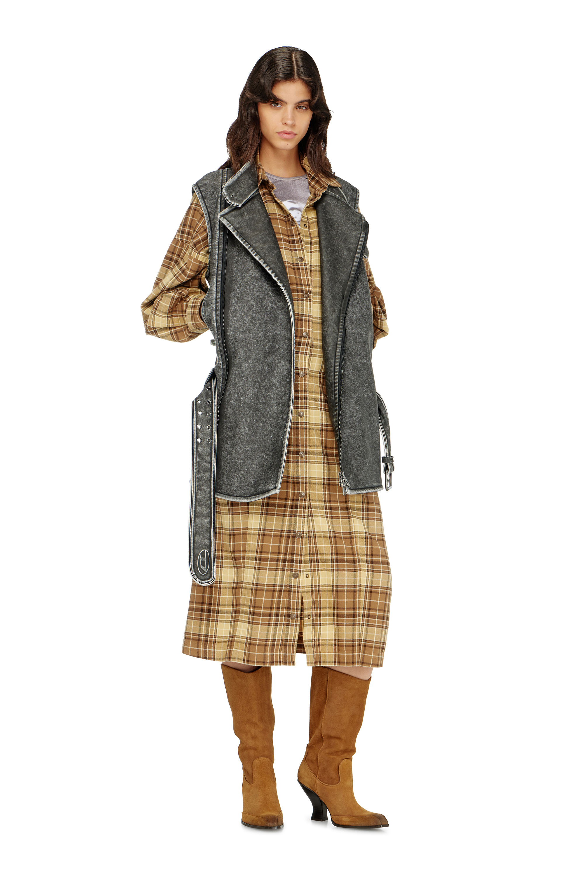Diesel - D-EDALUS, Woman's Midi dress in check flannel with wide belt in null - 2