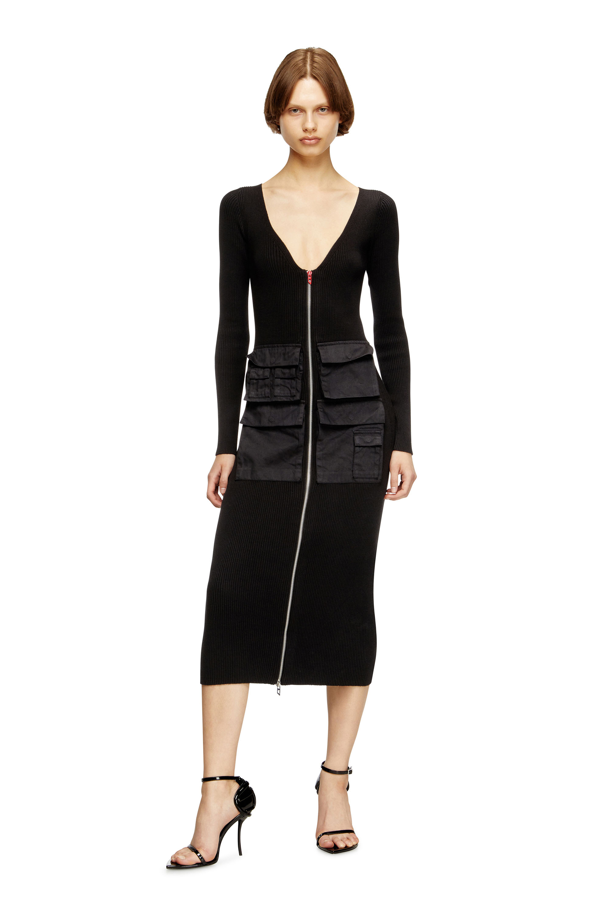 Diesel - M-MELTI-LS, Woman's Ribbed midi dress with cargo pockets in null - 3