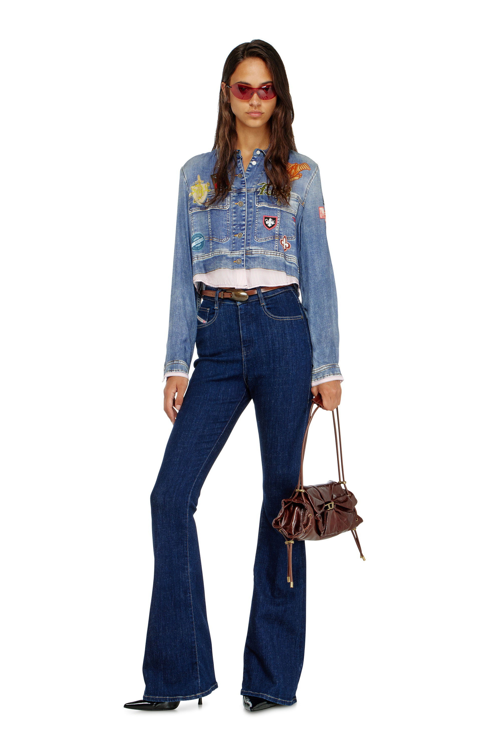 Diesel - C-LONE, Woman's Cropped satin shirt with trompe-l&rsquo;oeil denim print in null - 1