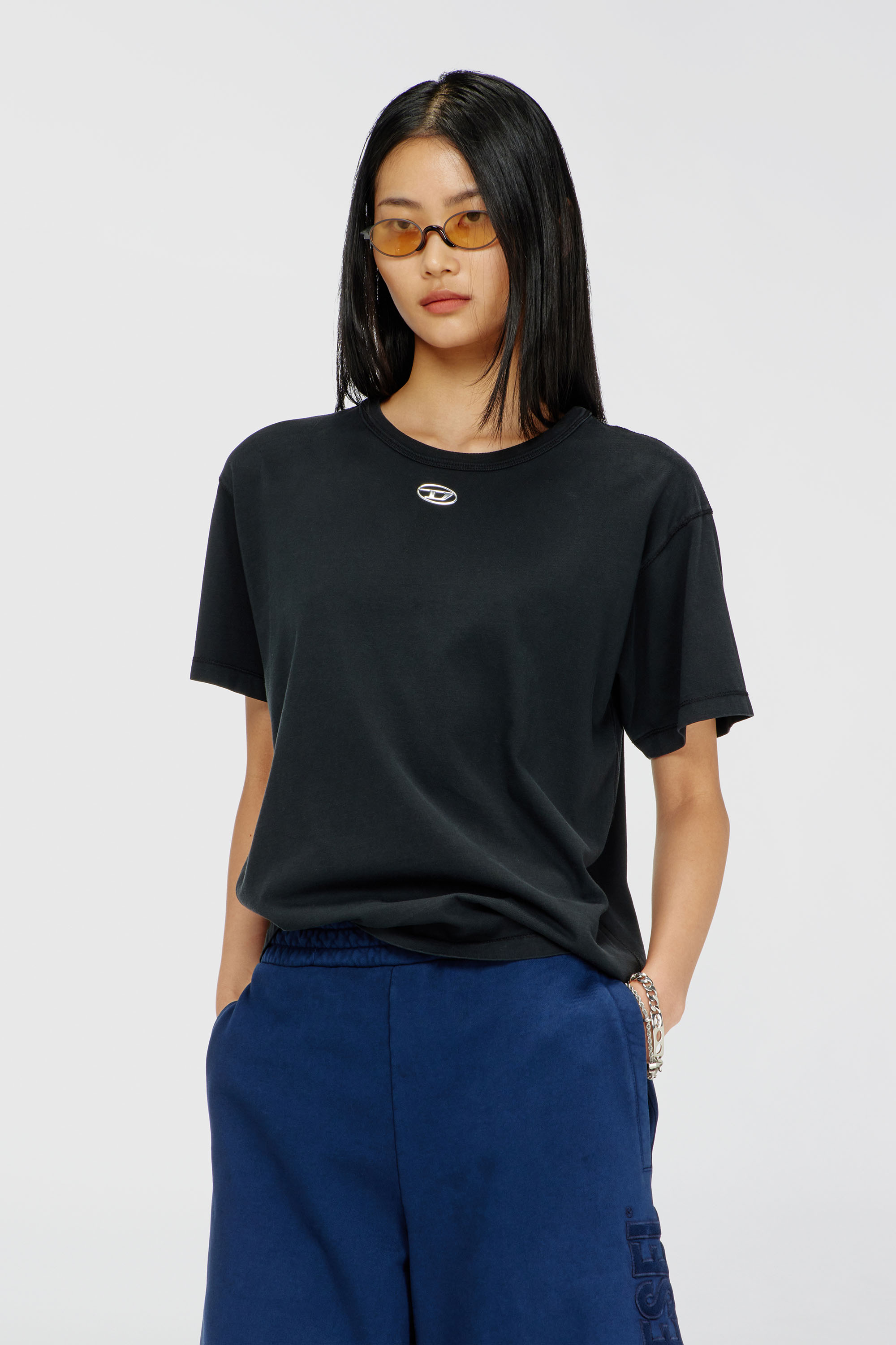 Diesel - T-NORMY-OD-S1, Woman's Cotton T-shirt with metallic Oval D in Black - 1