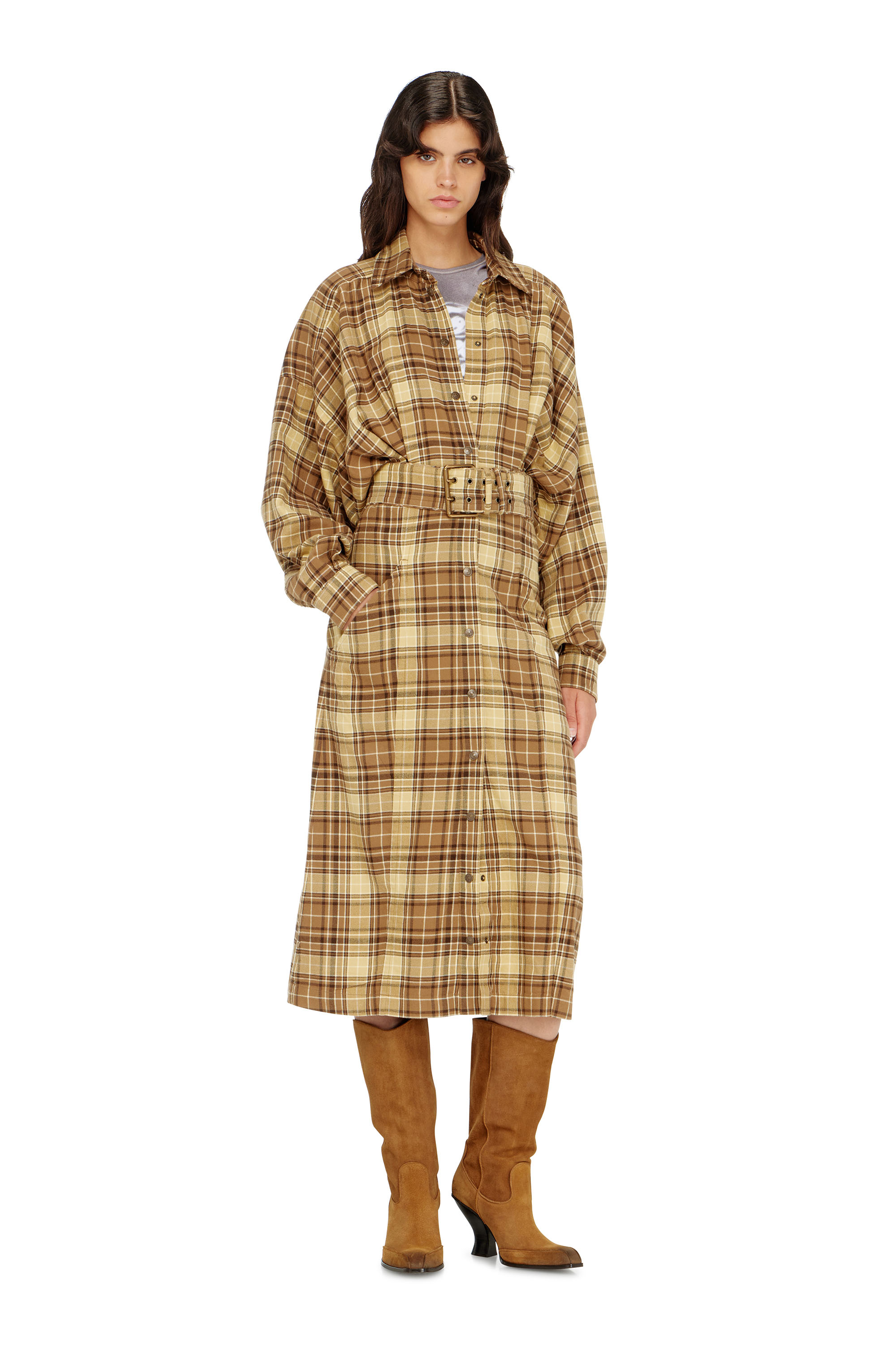 Diesel - D-EDALUS, Woman's Midi dress in check flannel with wide belt in null - 3