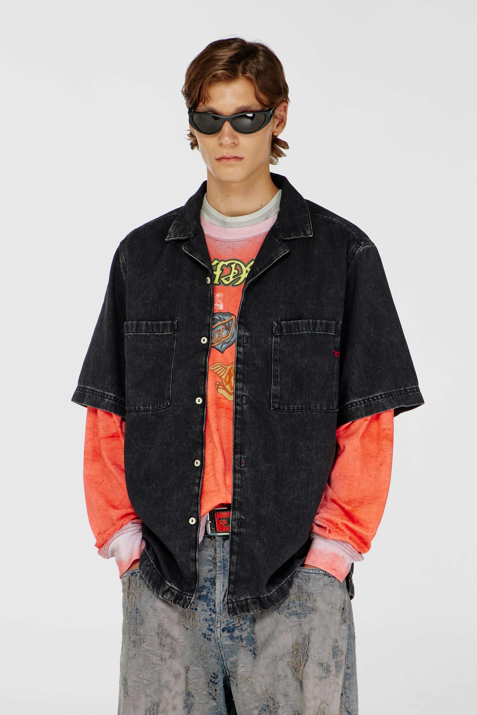 Diesel - D-PAROSHORT, Man's Bowling shirt in denim in Black - 3