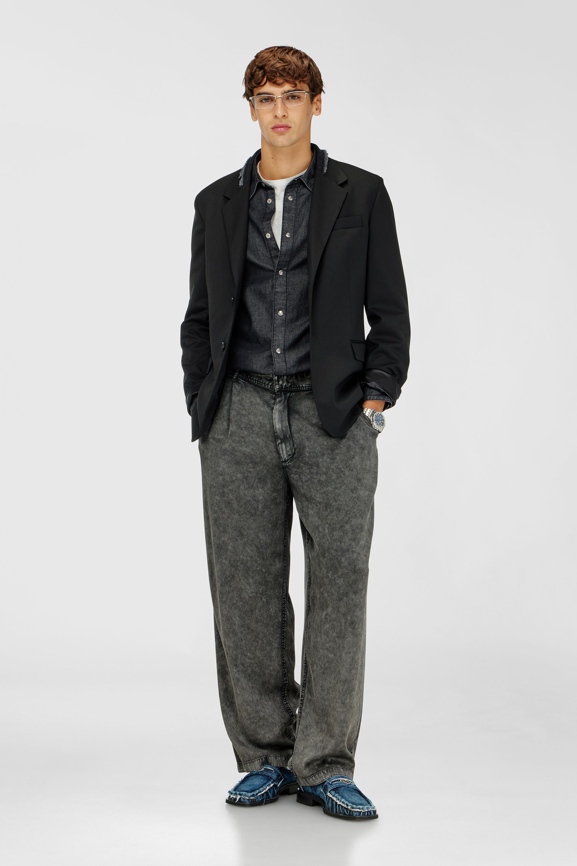Diesel - P-FAUST-NIBC, Man's Wide-leg pants in denim-effect viscose in Dark grey - 1