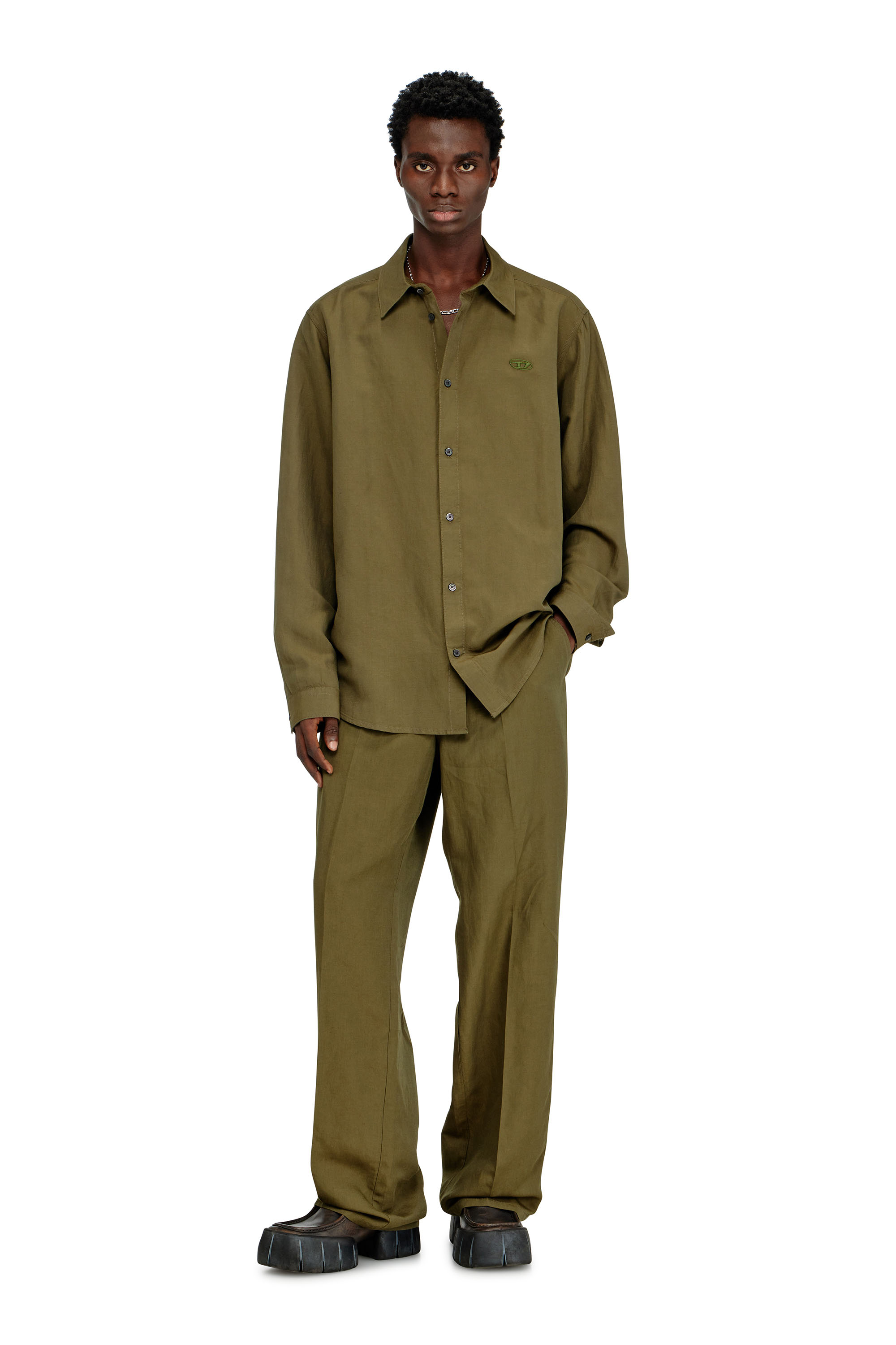 Diesel - S-SIMPLY-PGBS, Man's Linen-blend shirt with logo embroidery in Military Green - 2